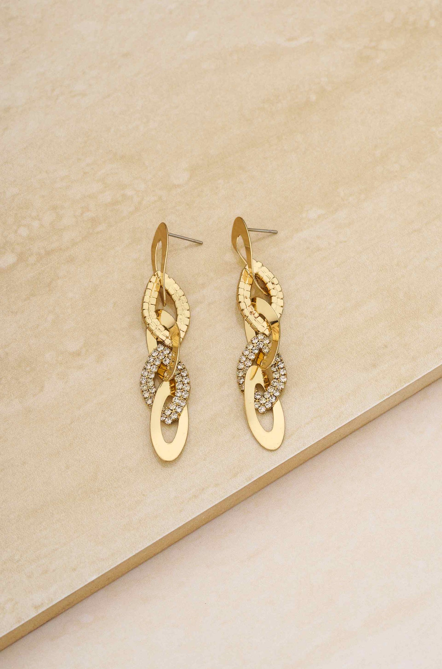 Crystal and 18k Gold Plated Rope Chain Link Dangle Earrings on slate