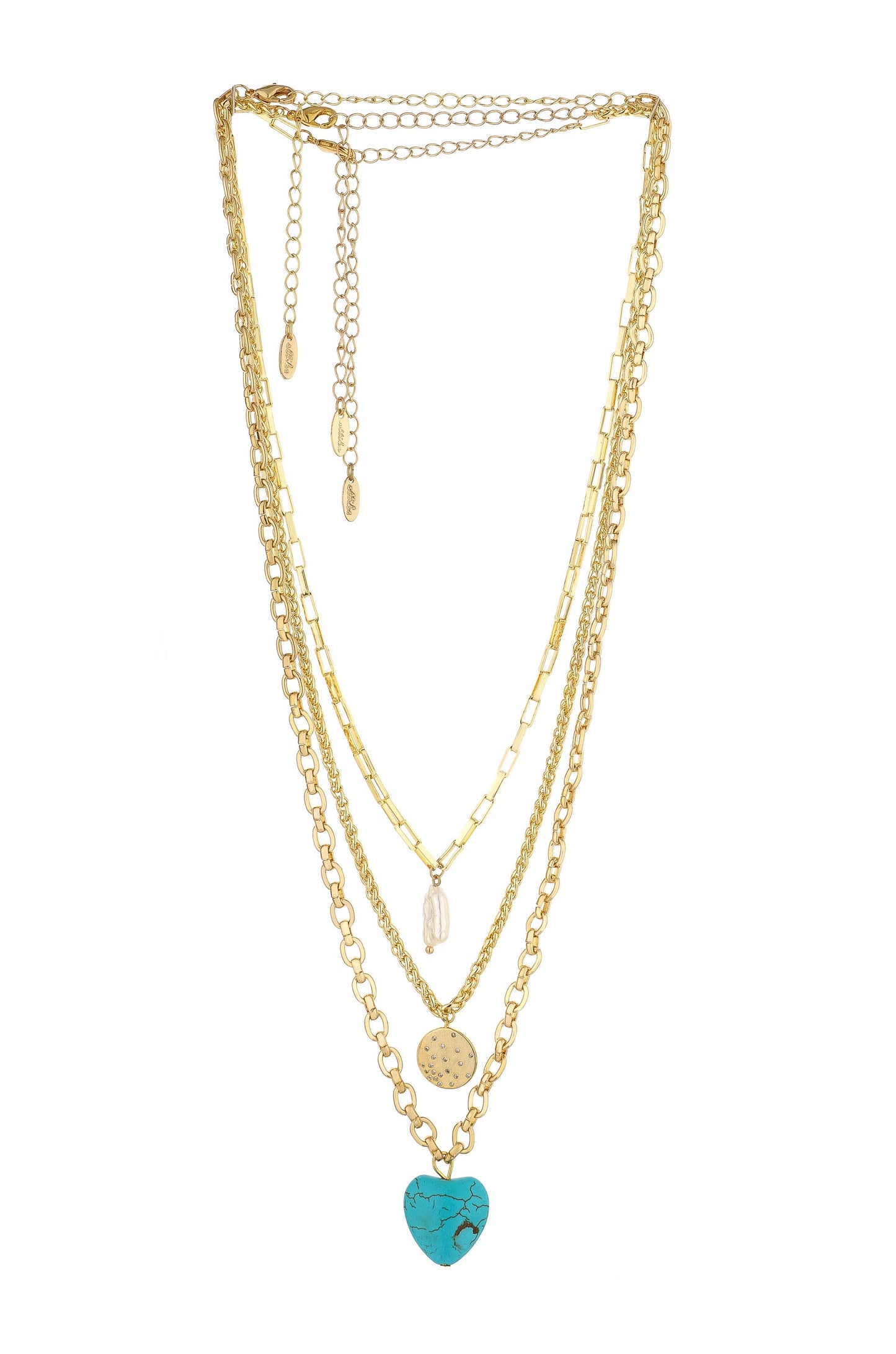 The Malibu Turquoise, Coin, and Pearl 18k Gold Plated Necklace Set on white