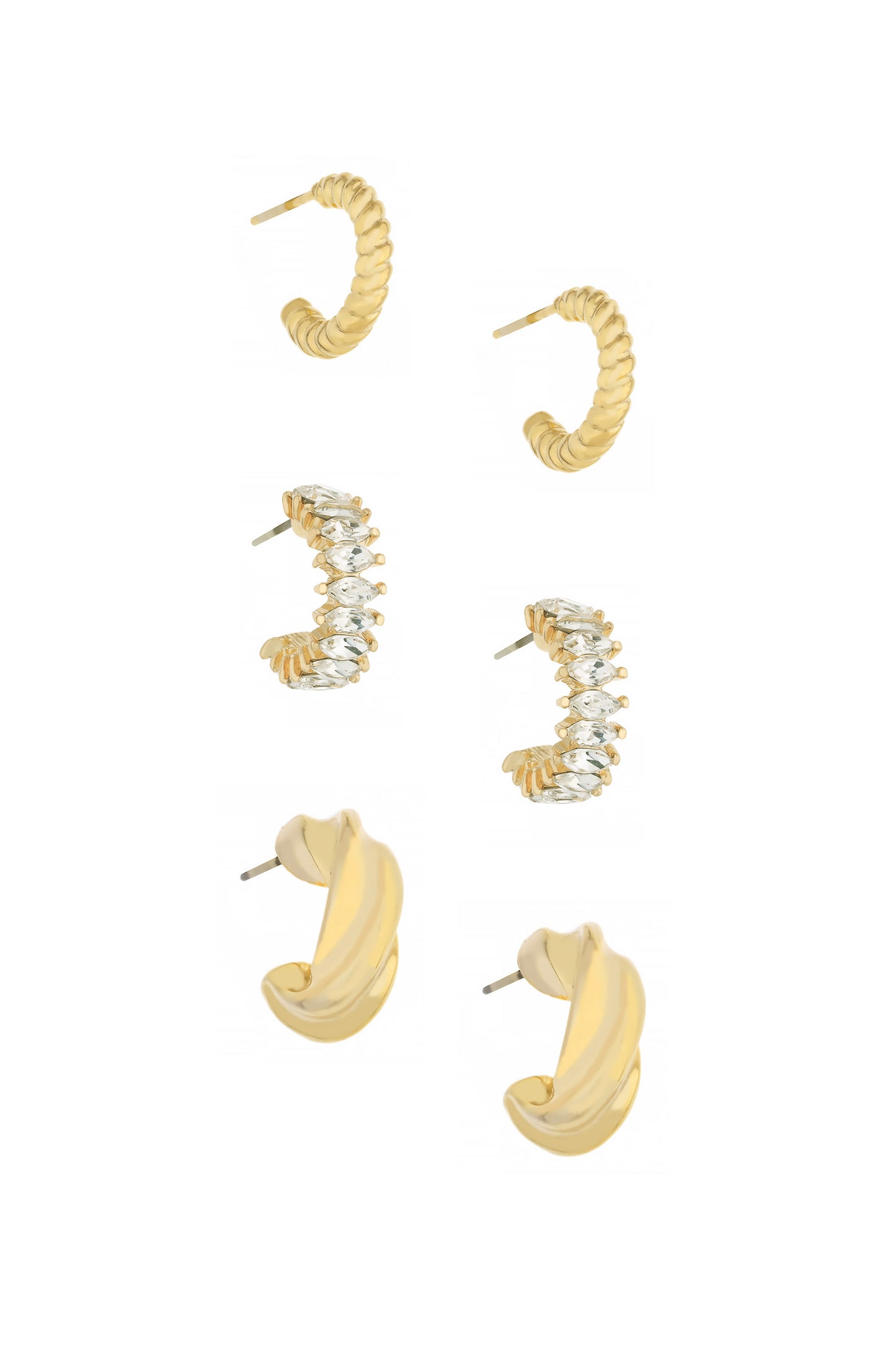 Tiny and Shiny 18kt Gold Plated Huggie Hoop Earring Set on white front