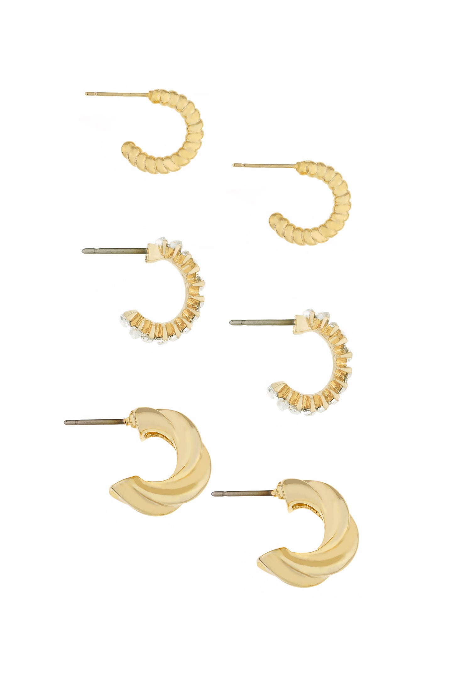 Tiny and Shiny 18kt Gold Plated Huggie Hoop Earring Set on white side