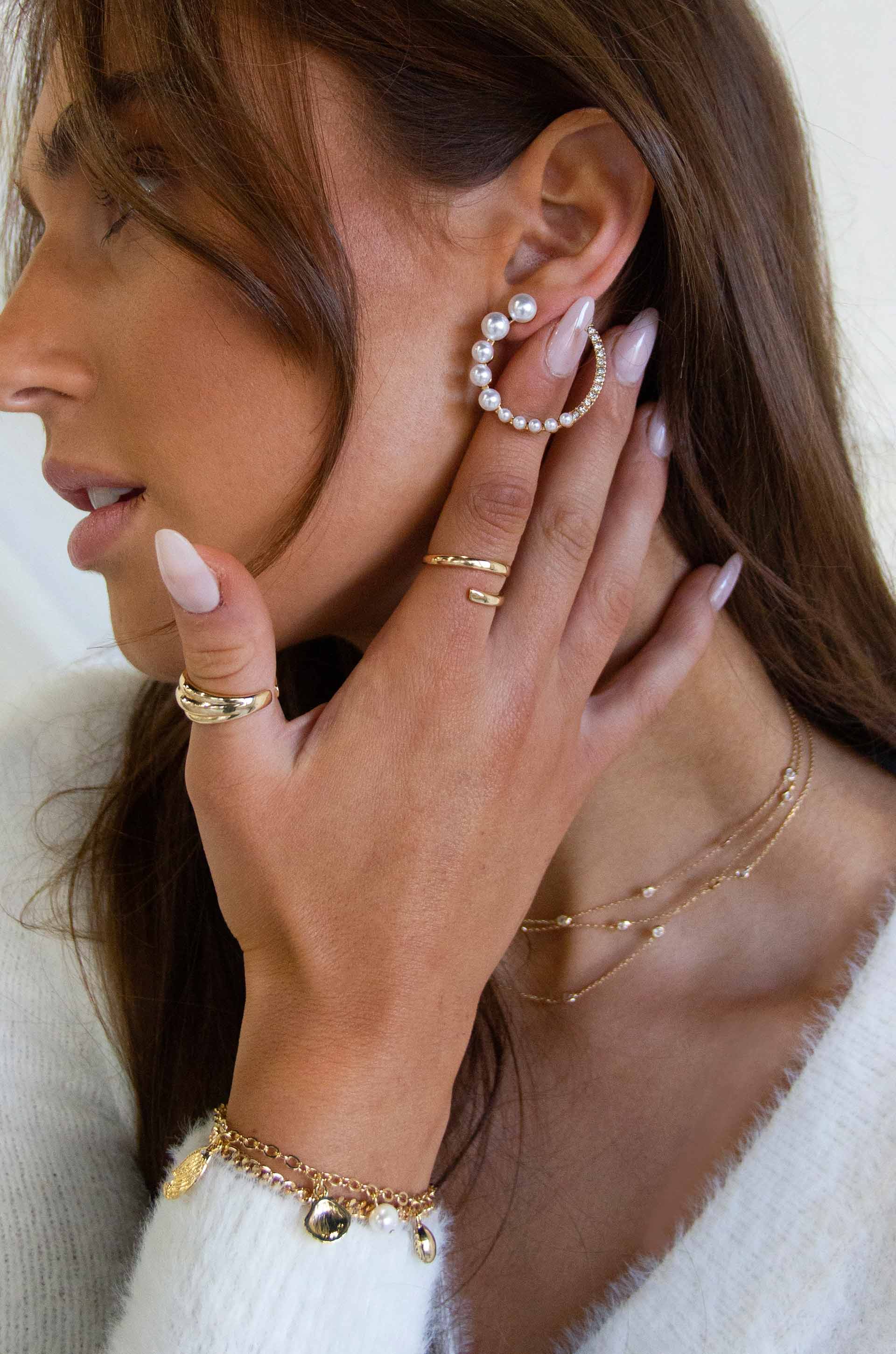 Chic Pearl And Crystal Open Circle Earrings on model