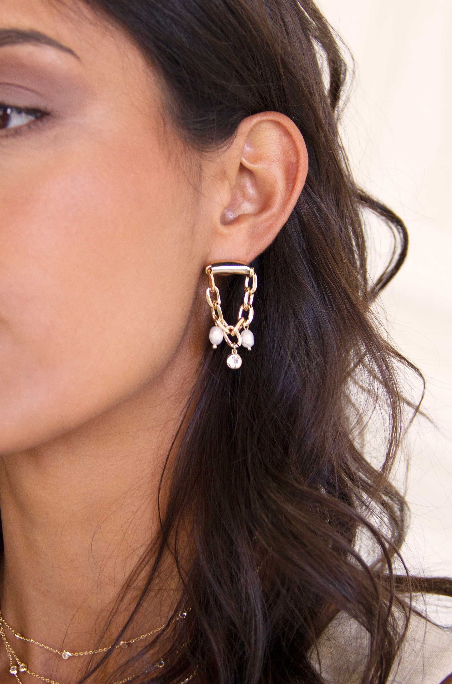 Chain Link Charm Dangle 18k Gold Plated Earrings on a model