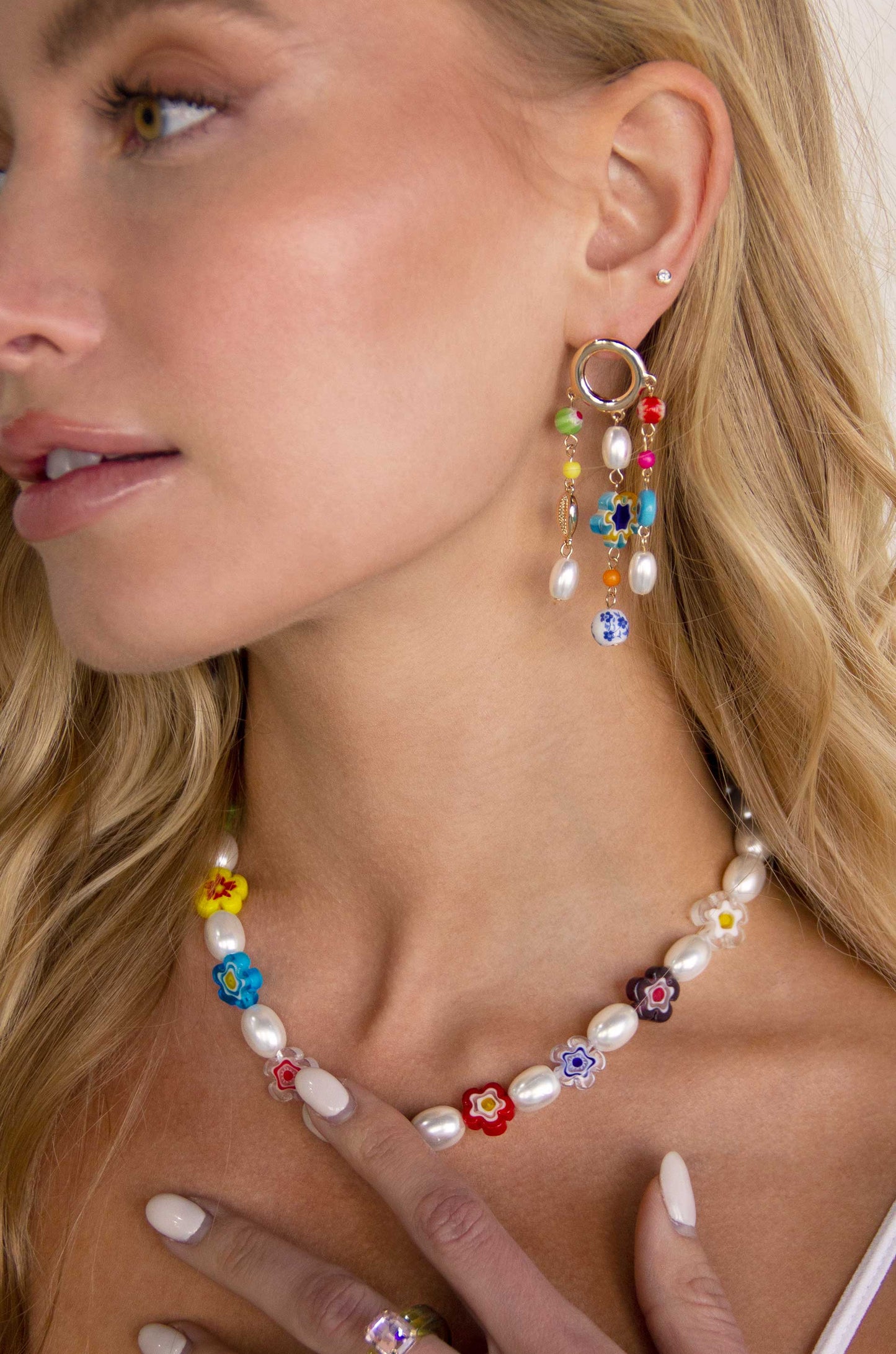 Sunny Days Pearl and Bead 18k Gold Plated Dangle Earrings on a model