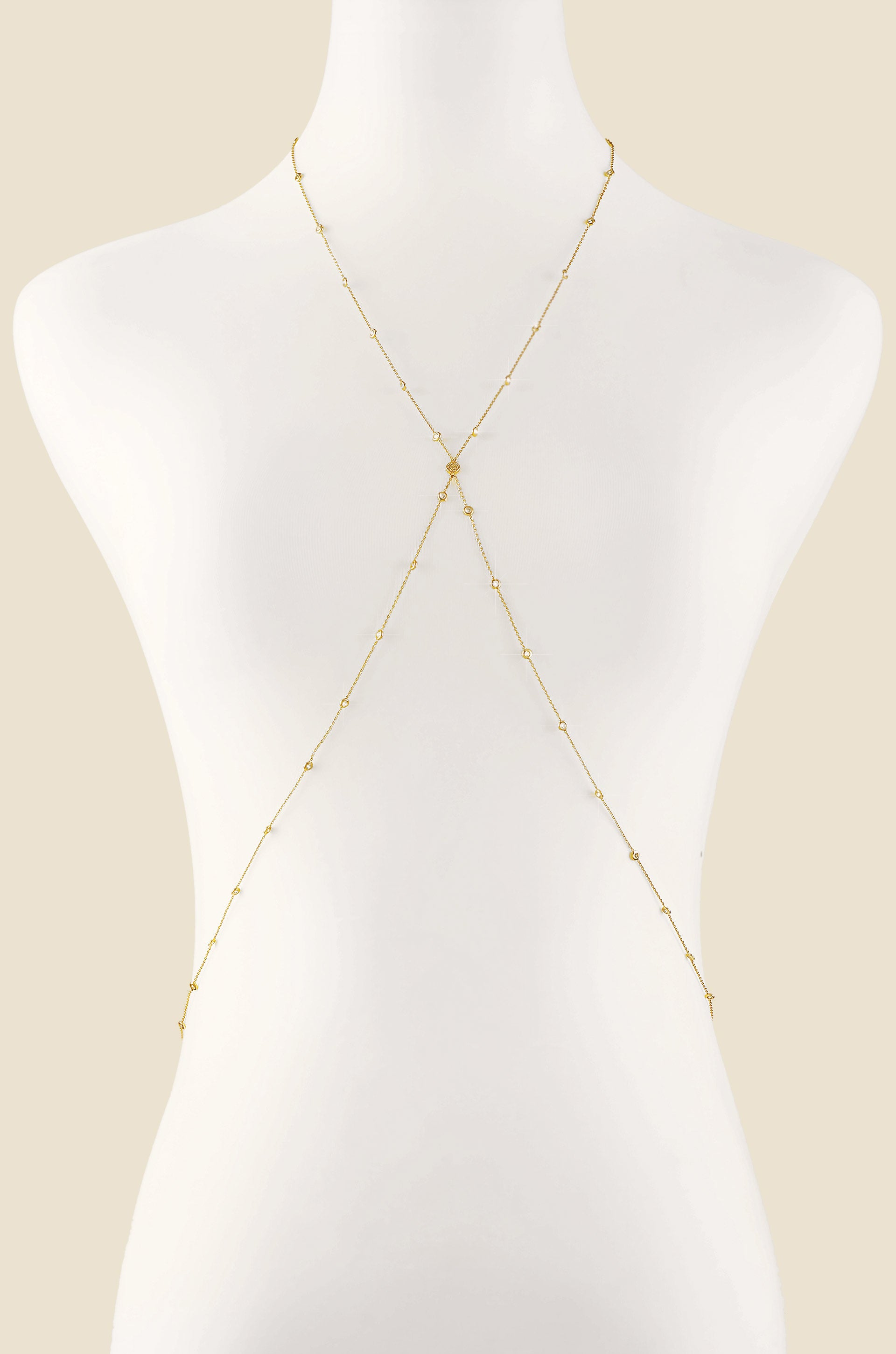 Simple Crystal X Body Chain Gold Tone front