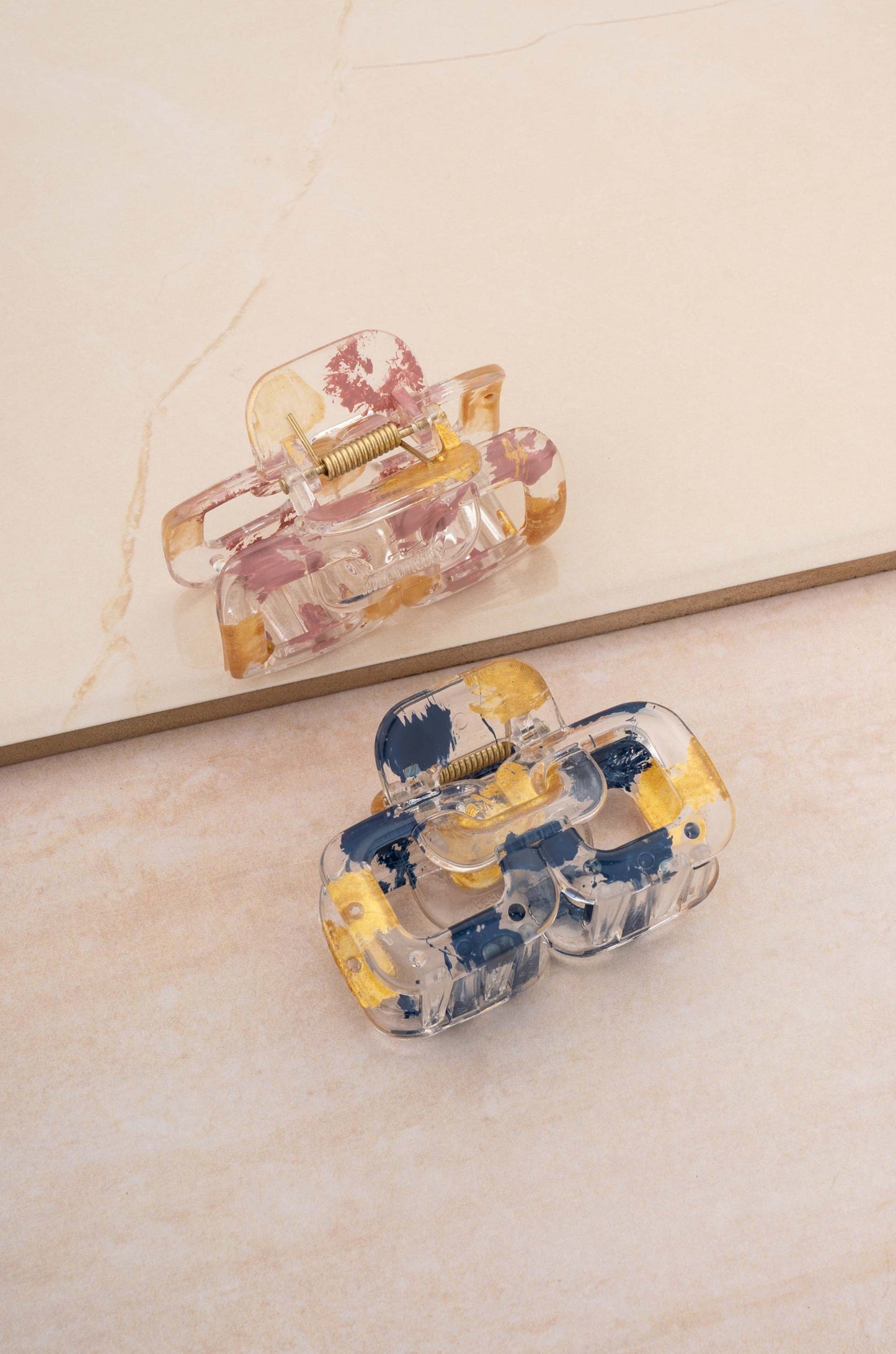 Golden Flecked Clear Hair Claw Set on slate