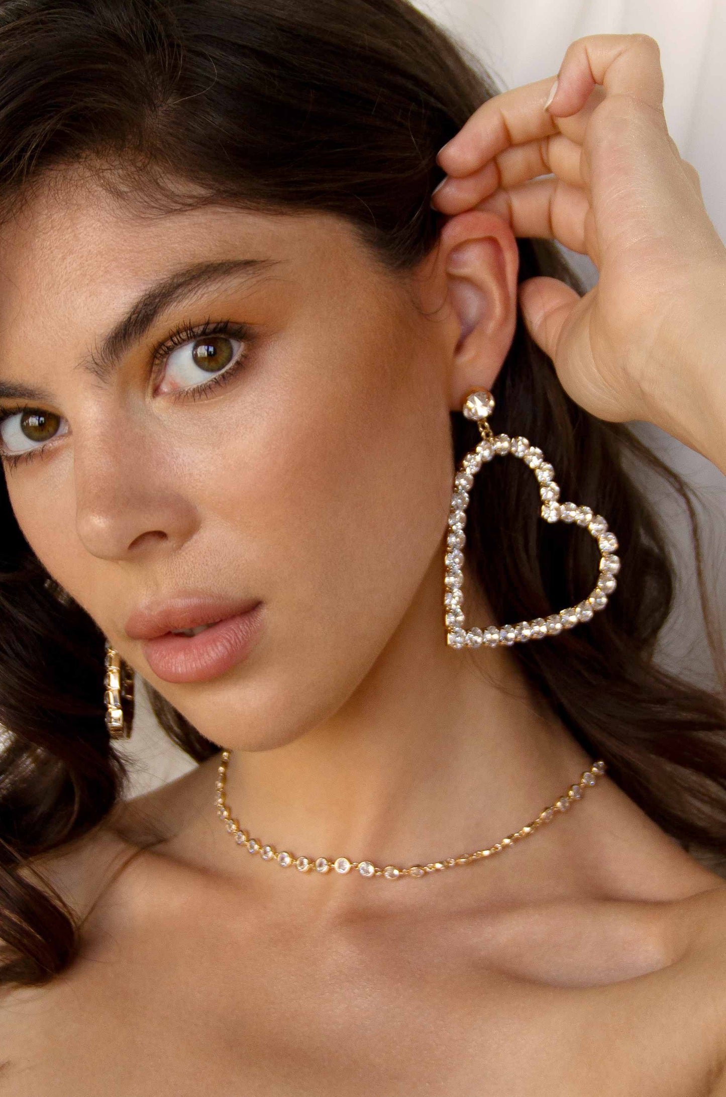 Falling in Crystal Love Dangle Earrings on model