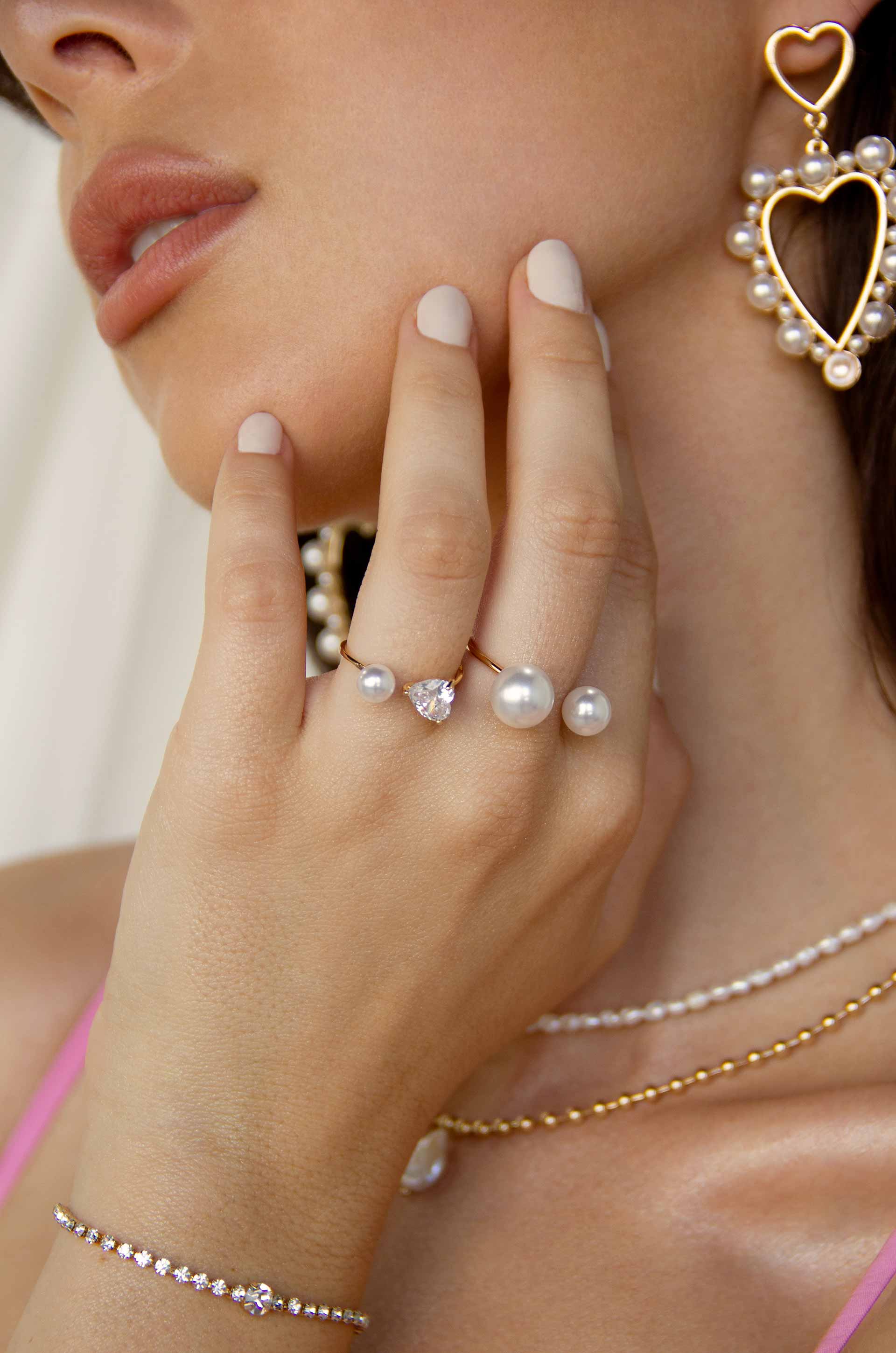 Multi-Pearl & Crystal Adjustable Ring Set on model