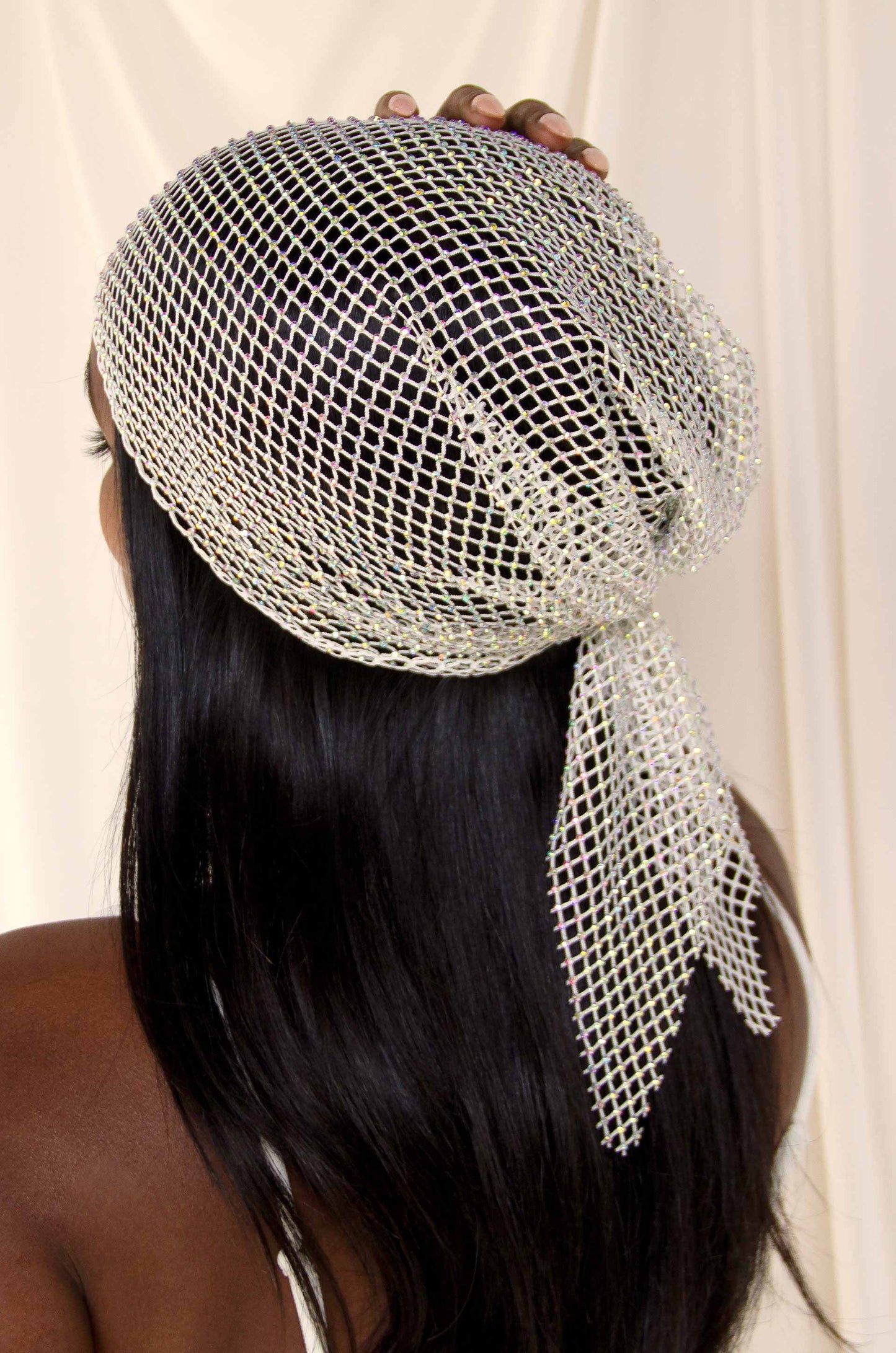 Clear Sparkle Mesh Headpiece on a model back