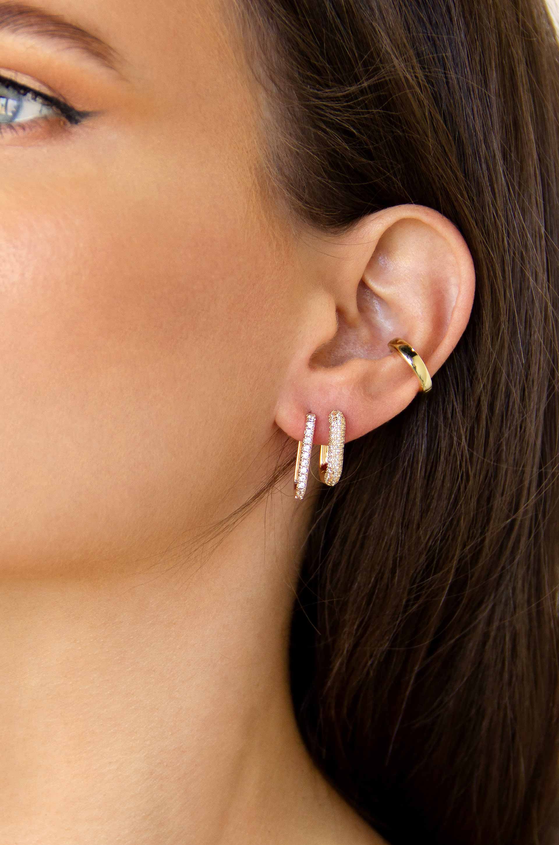 Petite Pave Huggie Earrings on model