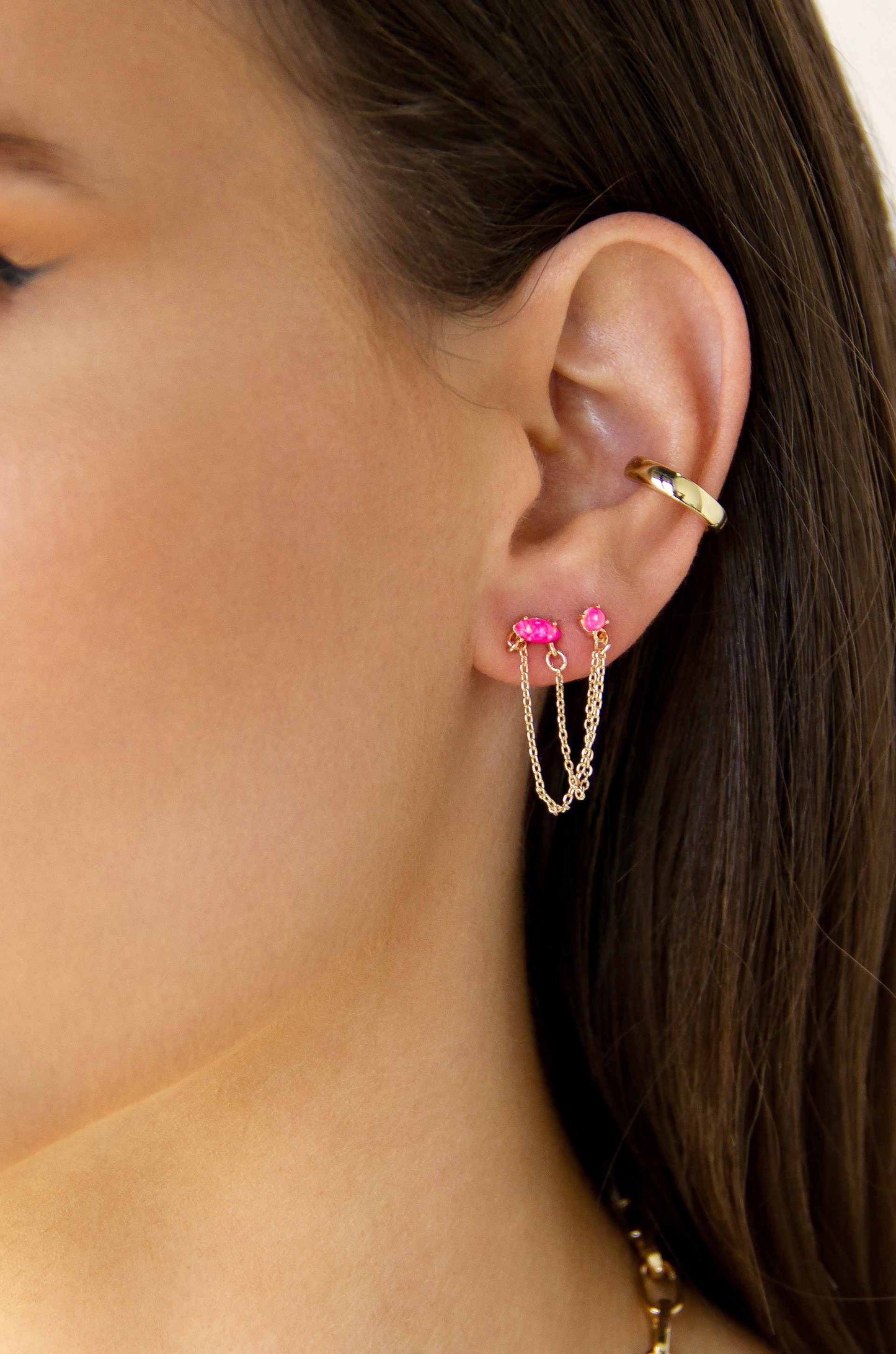 Double Piercing Chain Dangle Earrings Pink Opal with 18k Gold Plating model