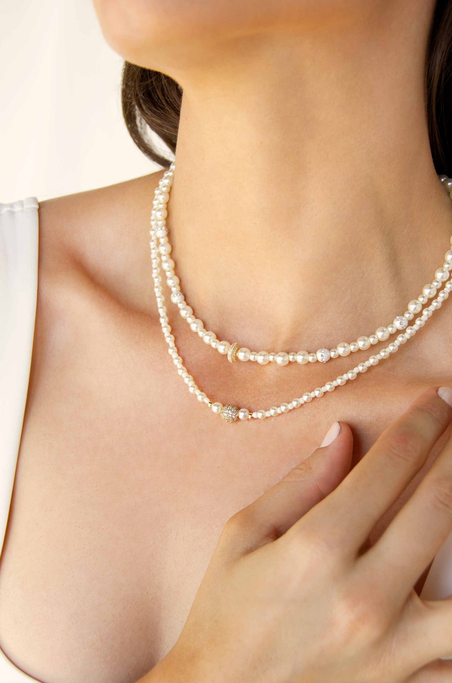 Double Pearl Chain Necklace Set on model