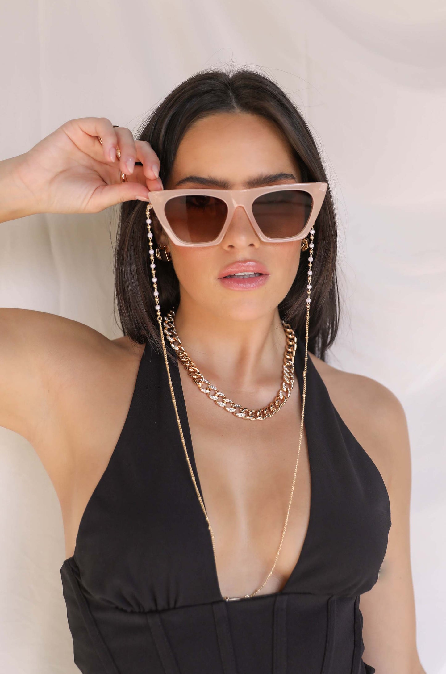 Dainty Pearl and Gold Glasses Chain on model