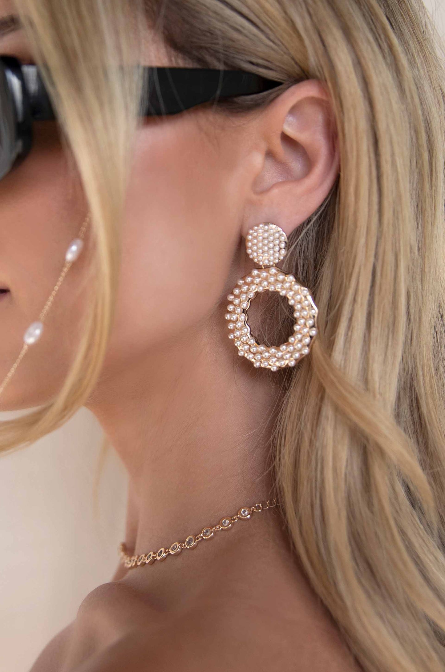 You're The Moment Pearl and Crystal 18k Gold Plated Earrings on a model