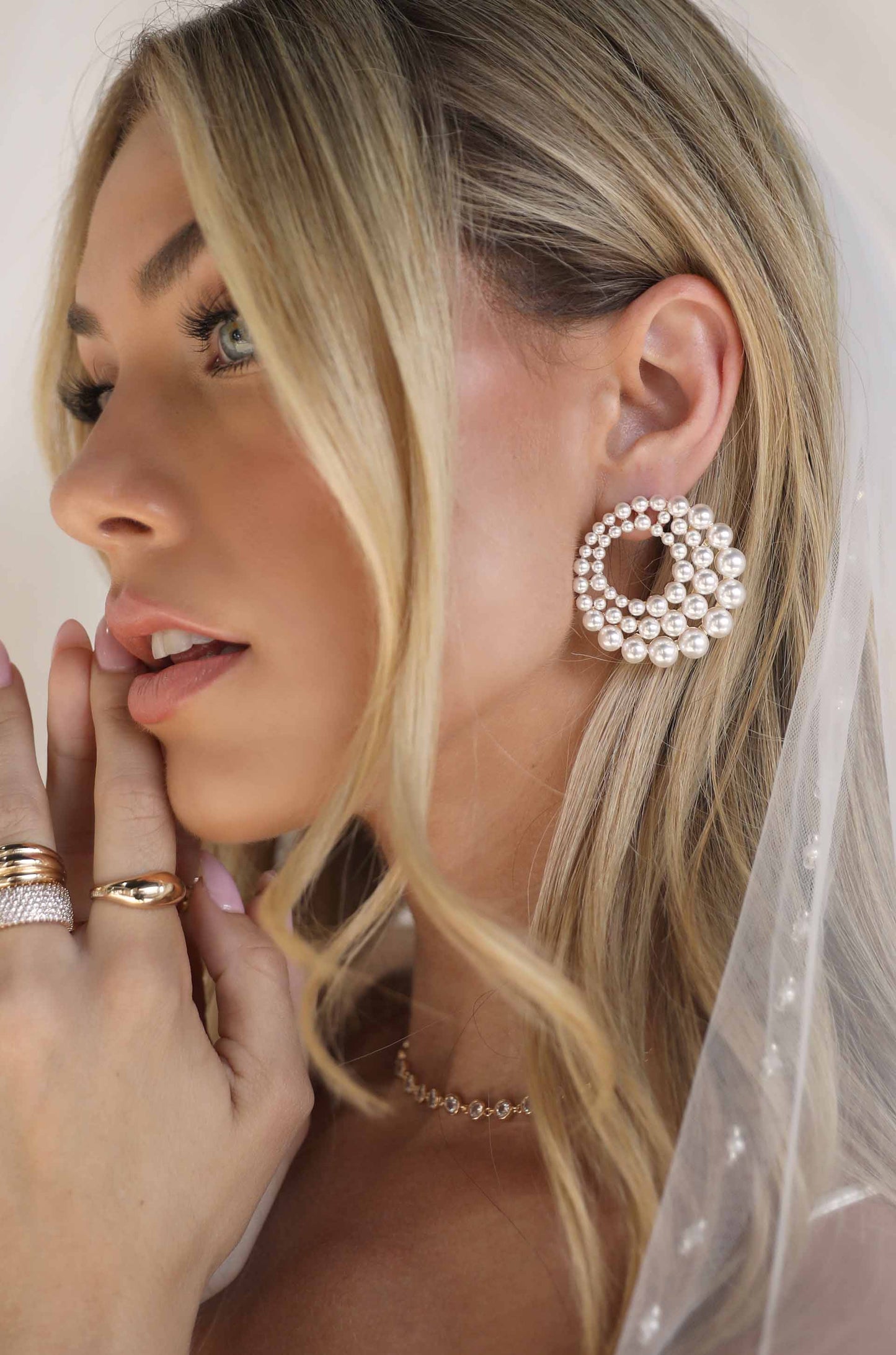 Blushing Pearl Earrings on model 2