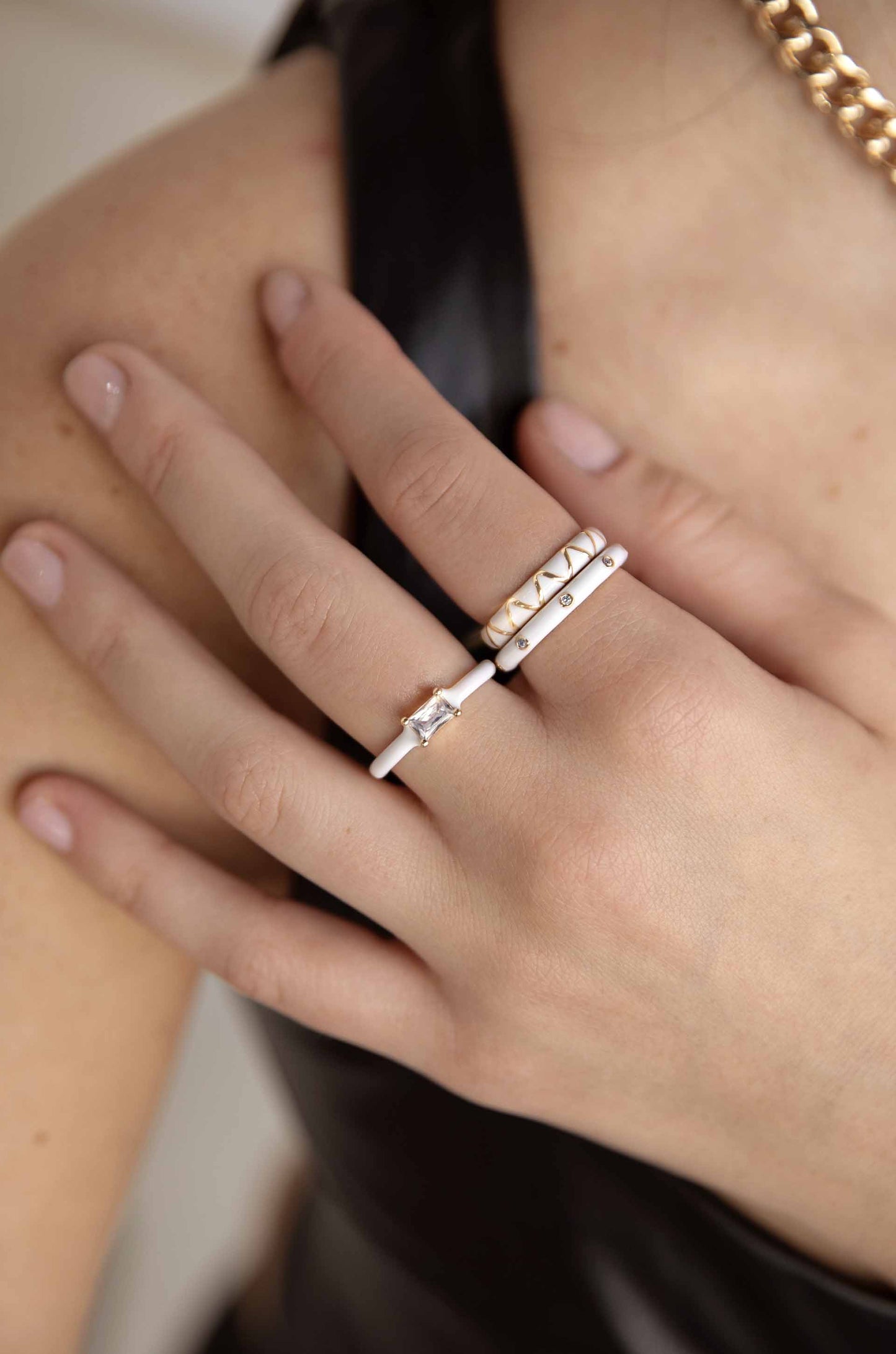Carolina White and 18k Gold Plated Ring Set on a model