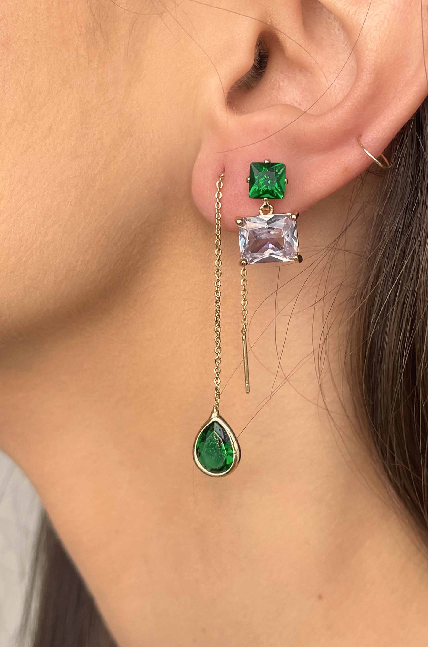 Green Velveteen 18k Gold Plated Drop Earrings on a model