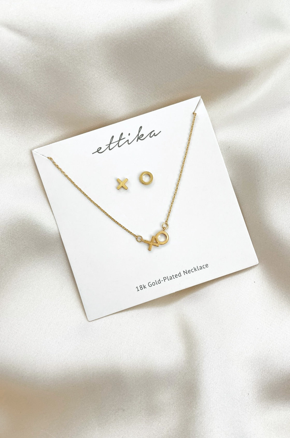 Hugs and Kisses 18k Gold Plated XO Necklace & Earring Stud Boxed Set on satin