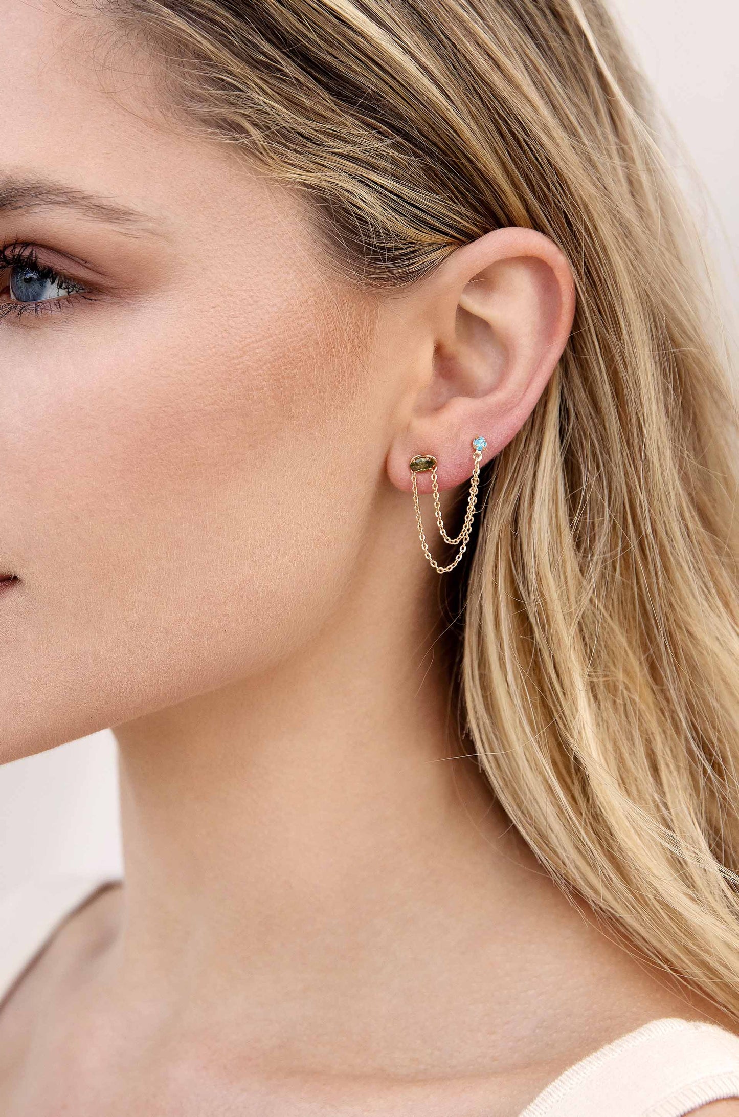 Double Piercing Chain Dangle Earrings Peridot and Sapphire Crystal with 18k Gold Plating model
