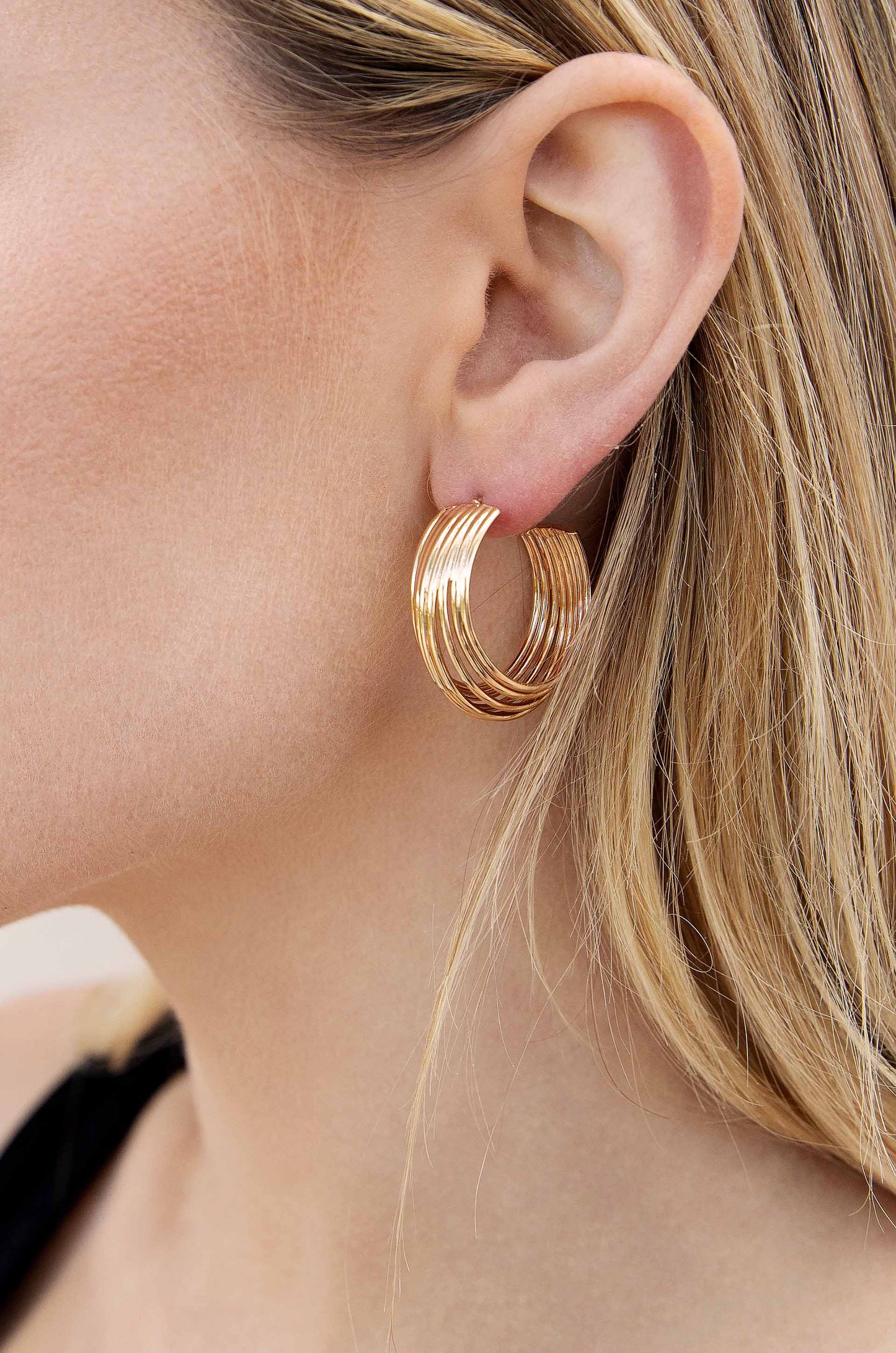 Multi-Wire 18kt Gold Plated Hoop Earrings on model