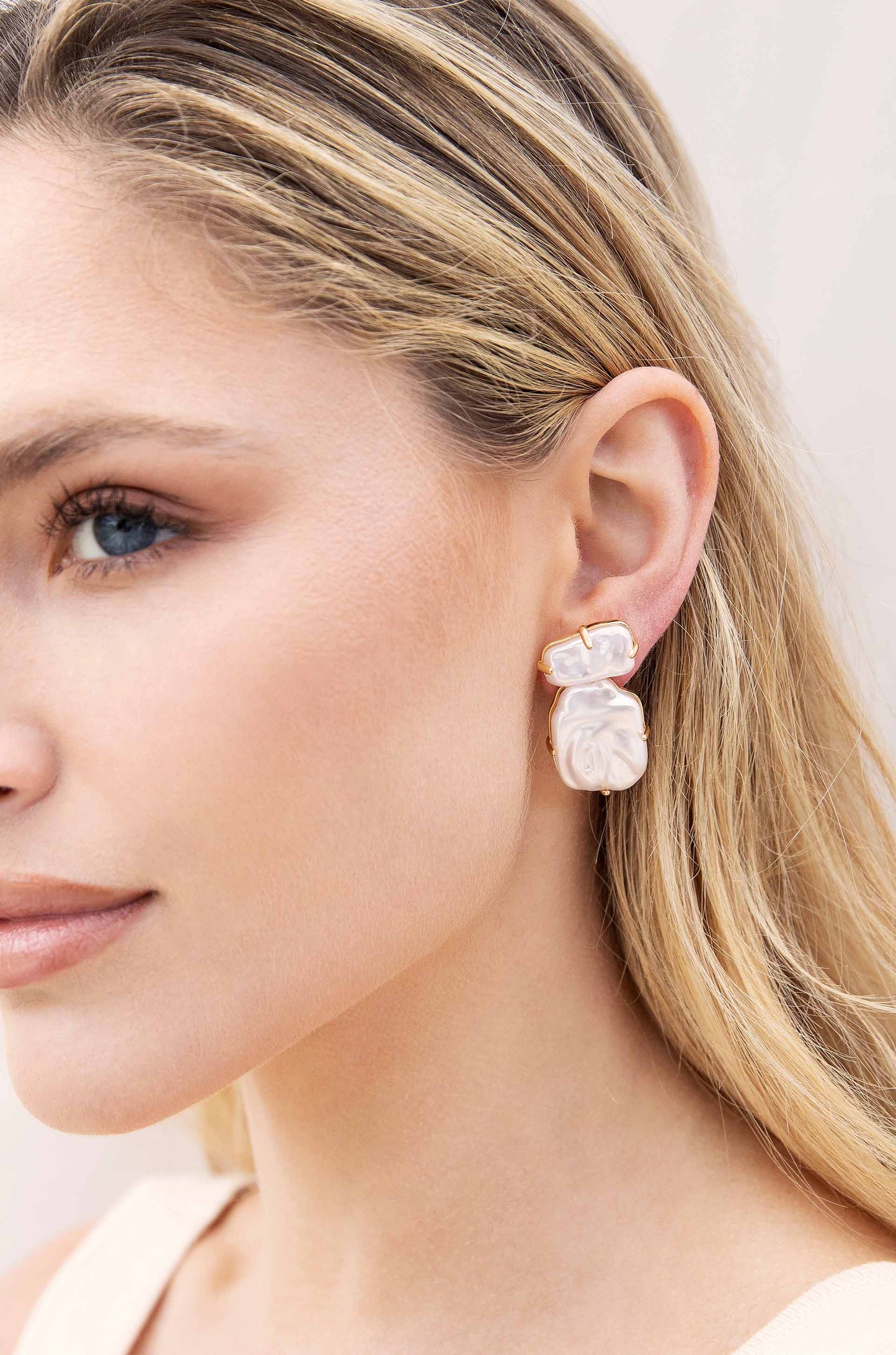 Edge of Water Double Pearl 18k Gold Plated Earrings on model