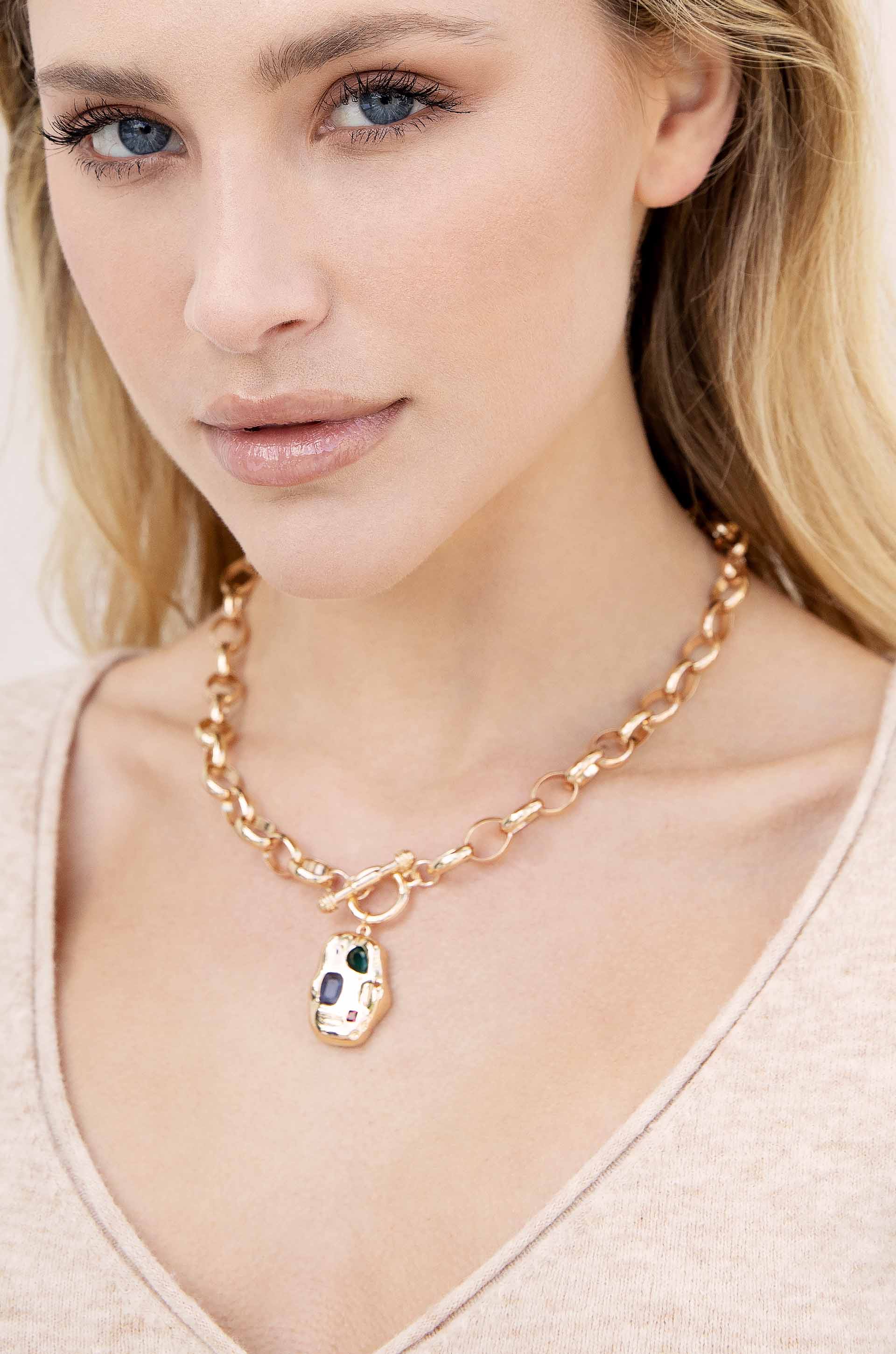 Rainbow Crystal Nugget Toggle Necklace on model