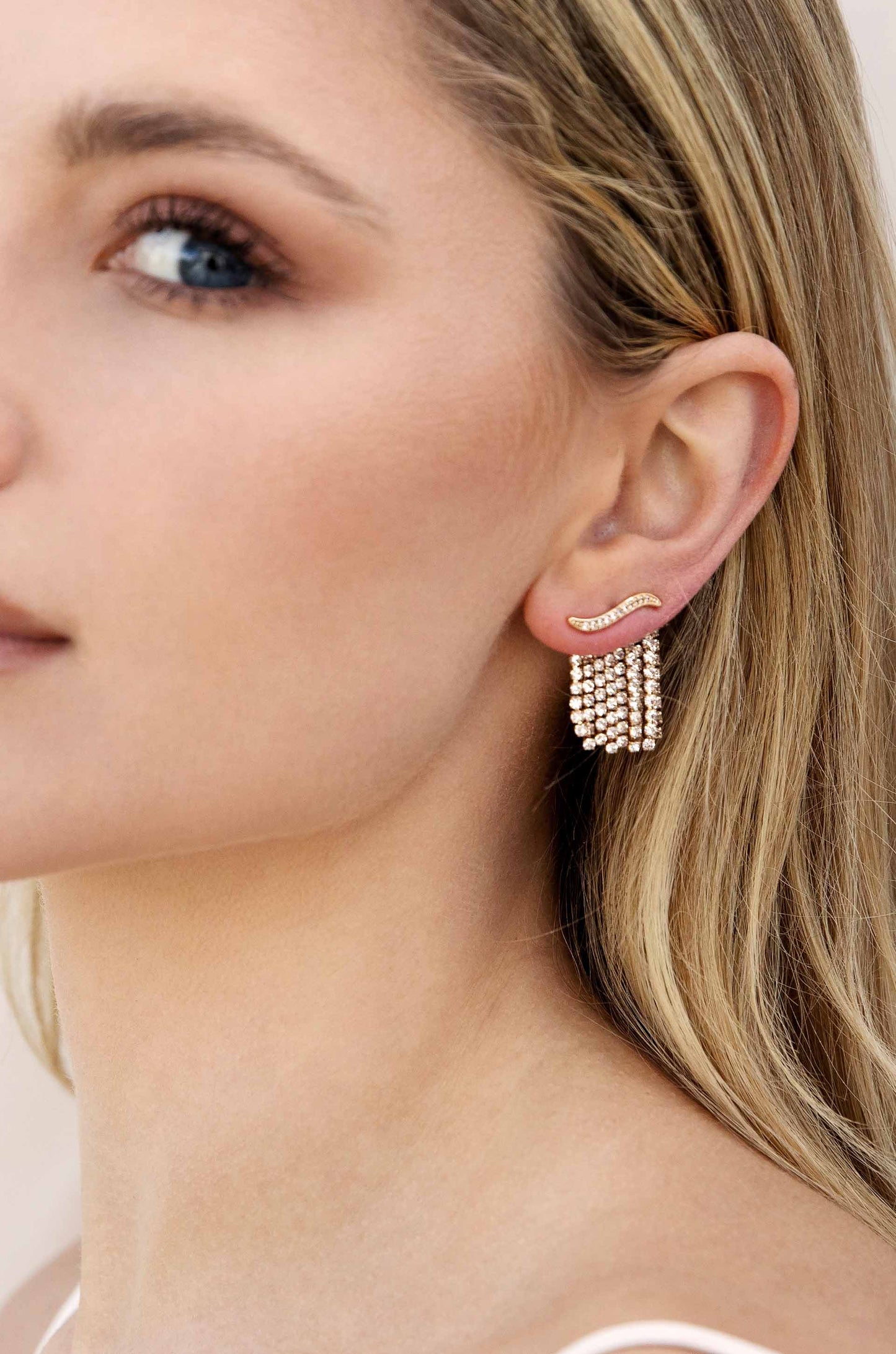 Crystal Chain 18k Gold Plated Ear Crawler on model