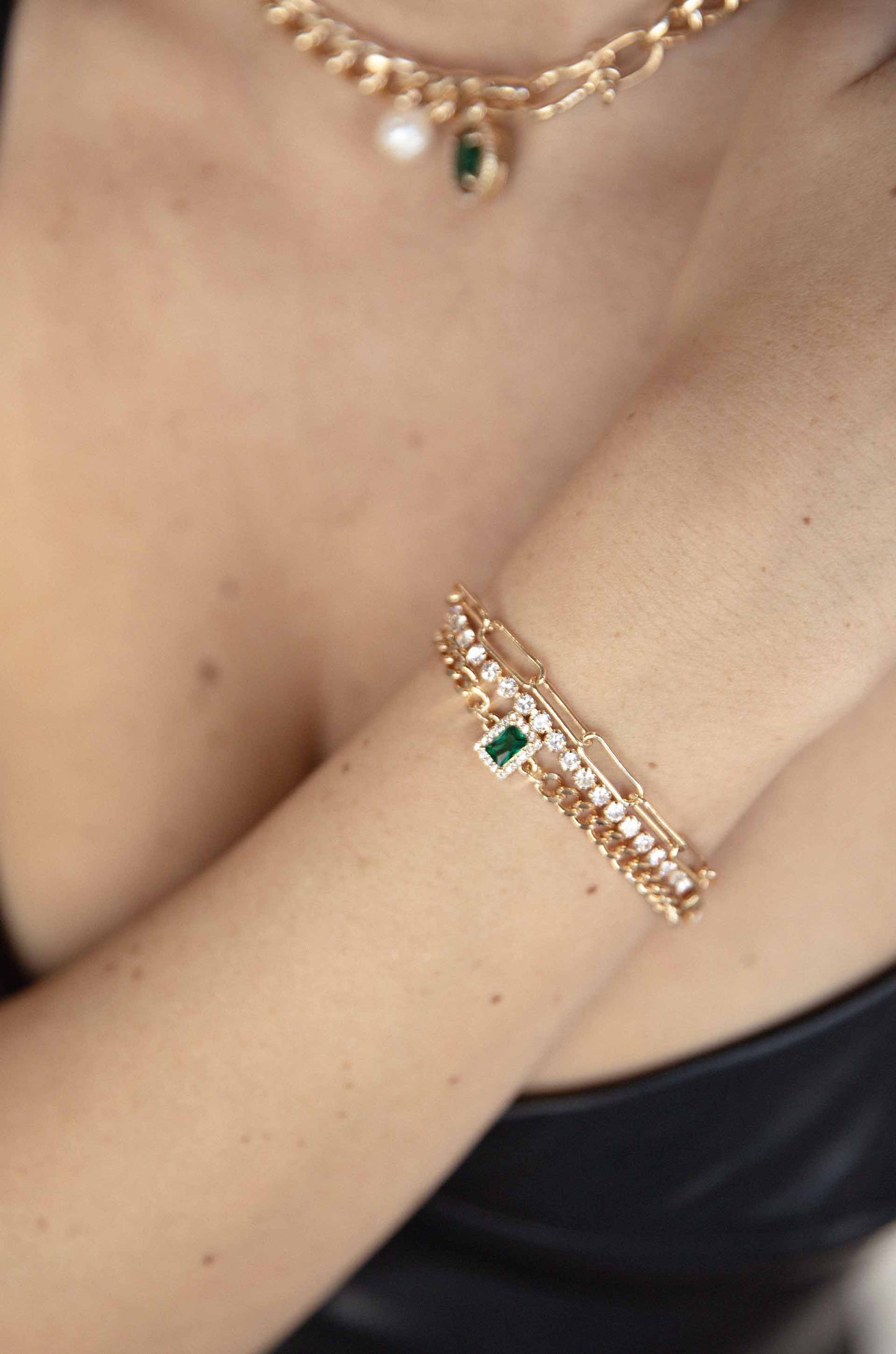 Emerald Pop Trio 18k Gold Plated Bracelet Set on model
