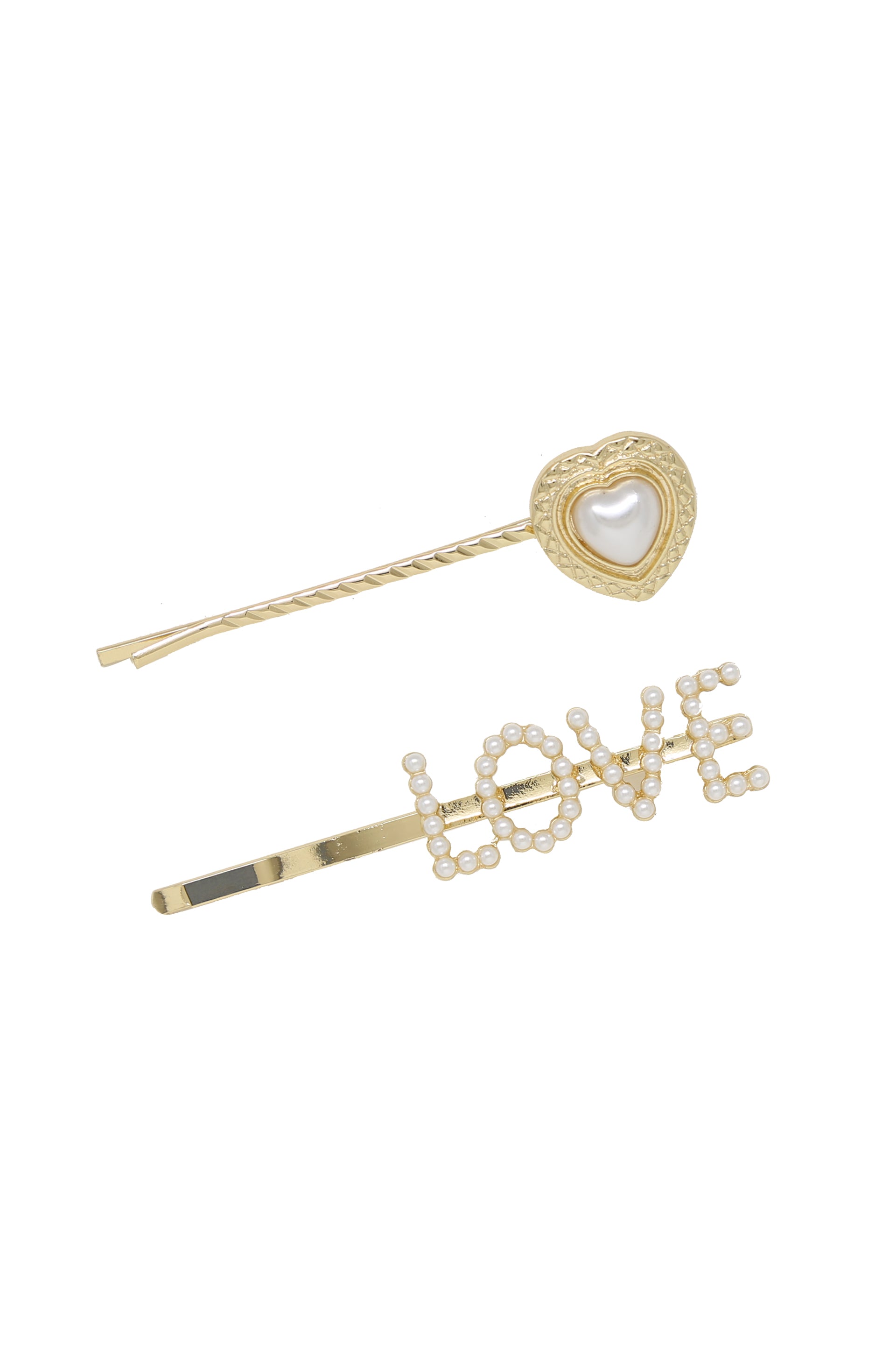 Pearl & Gold Love Heart Hair Pin Set on white background