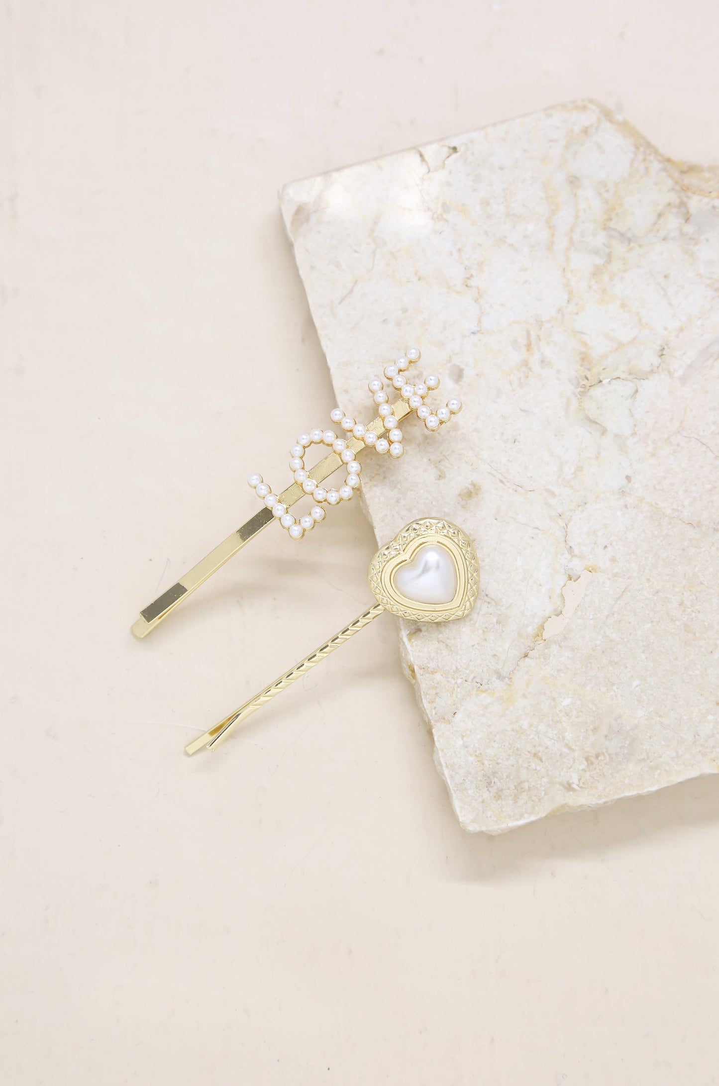 Pearl & Gold Love Heart Hair Pin Set on slate background