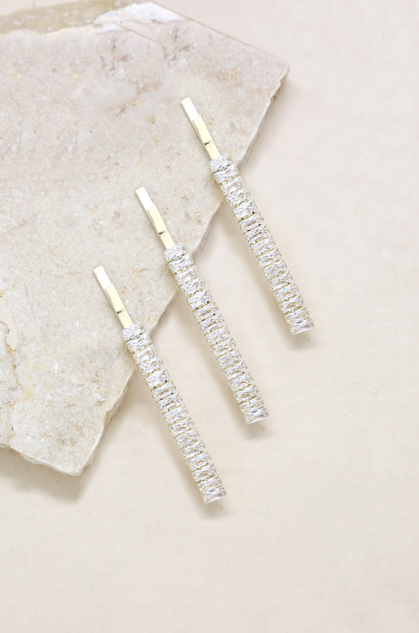 Narrow Crystal Roads Hair Pin Set on slate background