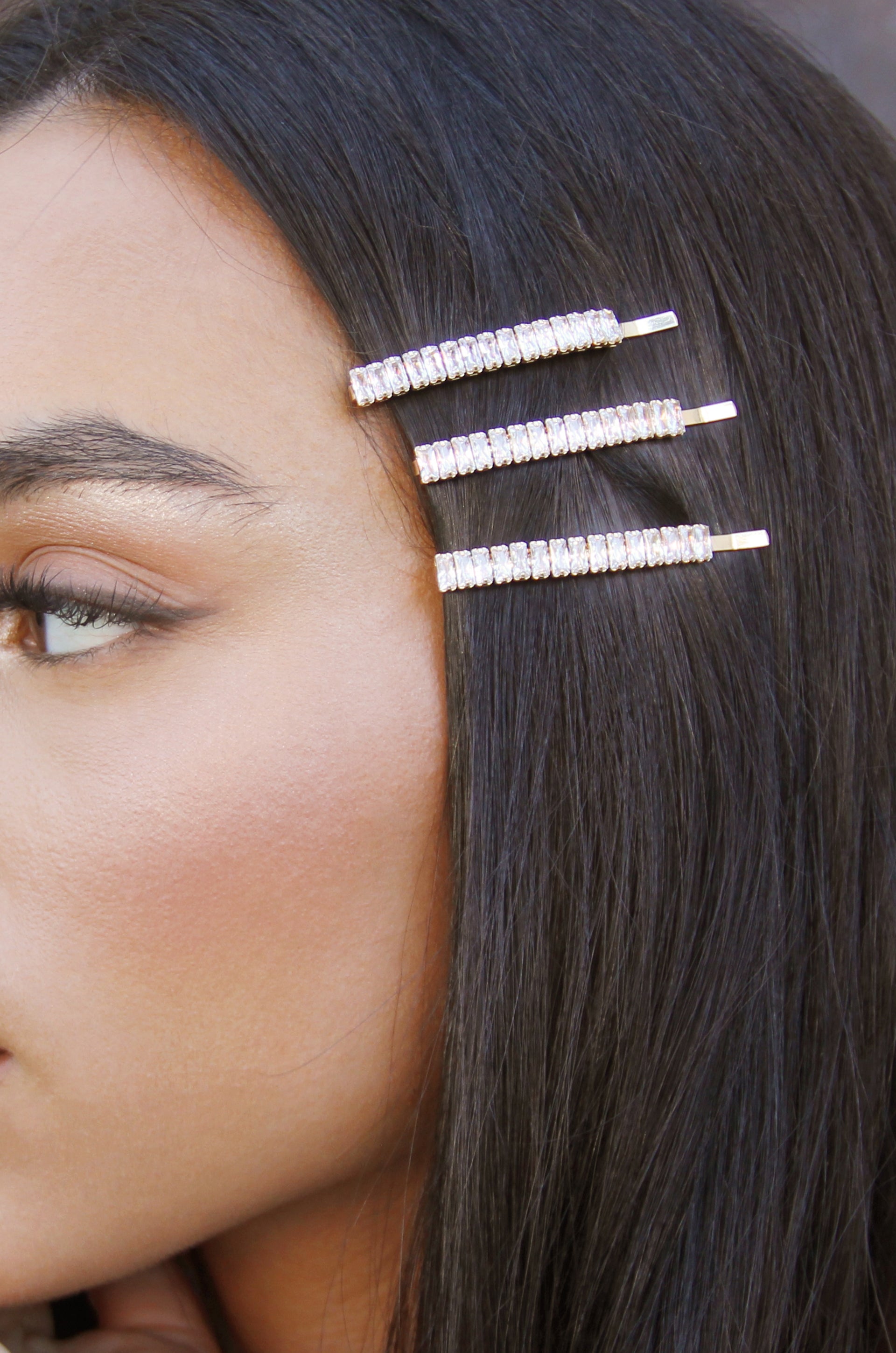 Narrow Crystal Roads Hair Pin Set shown on a model