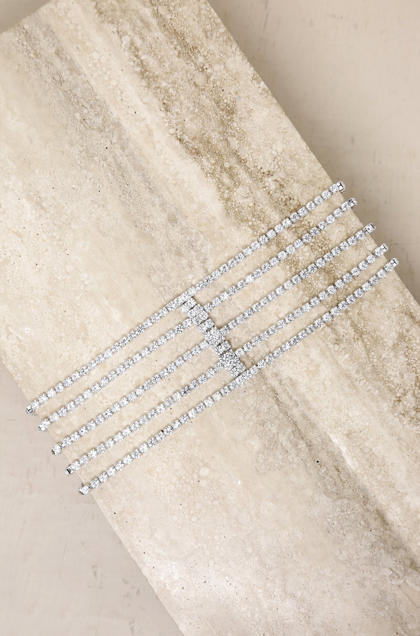 Rhinestone Multi-Chain Headband in Silver on slate background