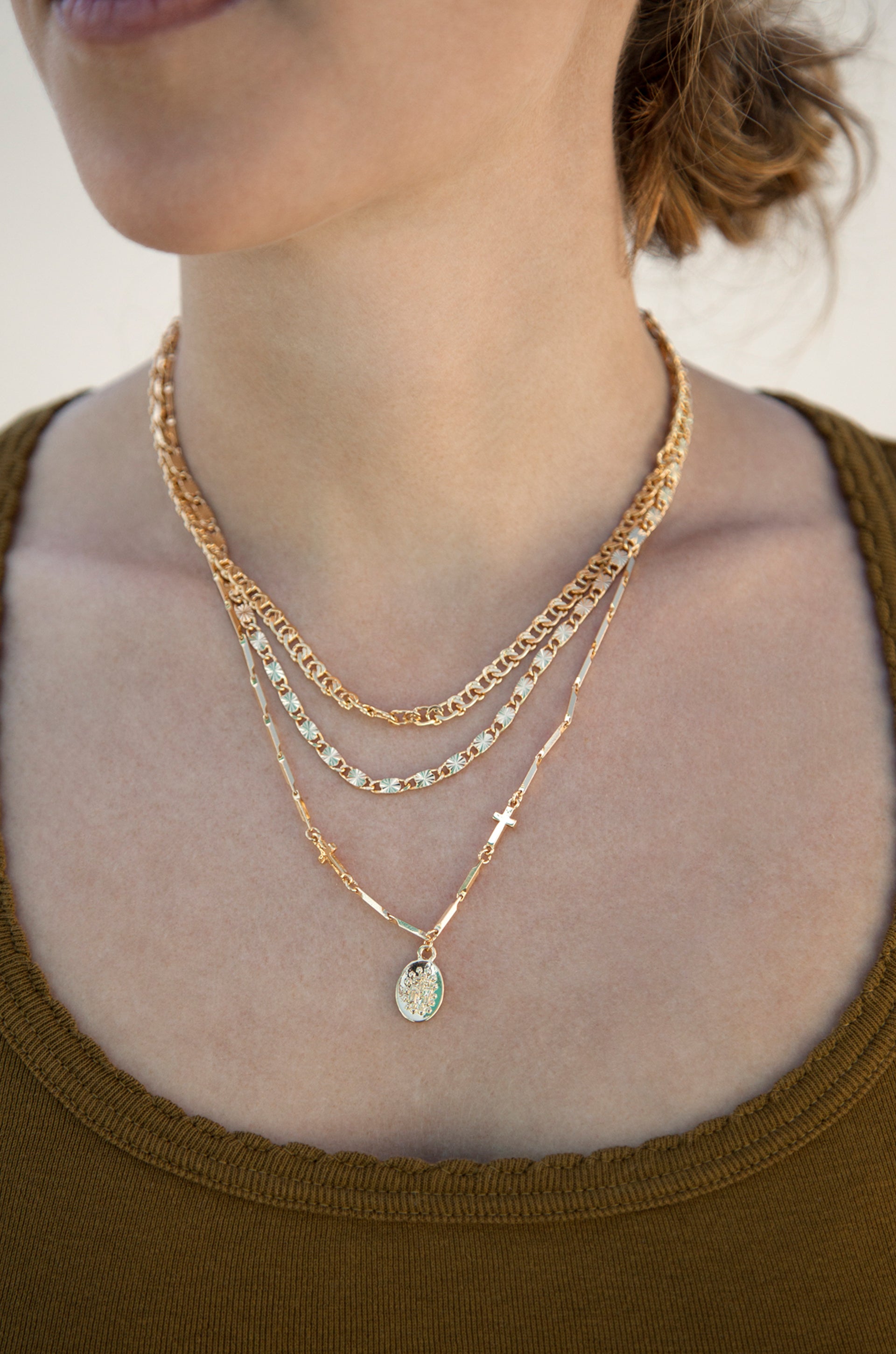 Mixed Layers Necklace shown on a model