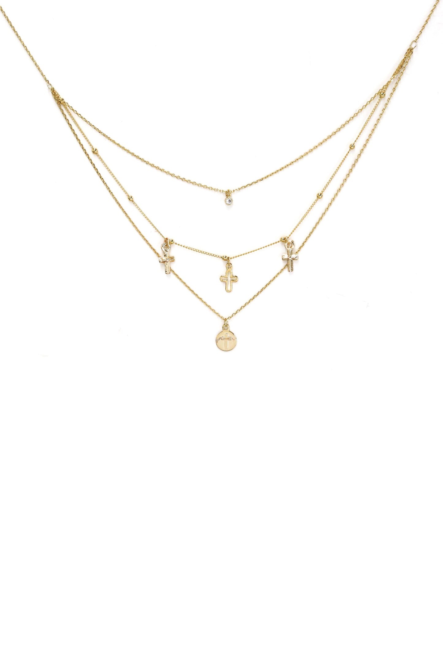 Pray it Forward 18k Gold Plated Layered Cross Necklace on white background