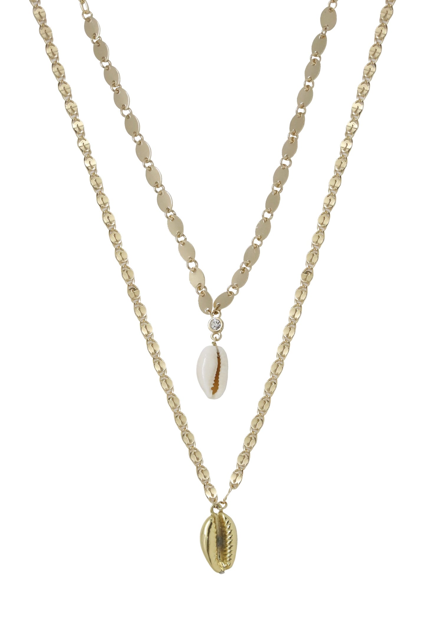Double Cowrie Shell Layered 18k Gold Plated Necklace Set on white background