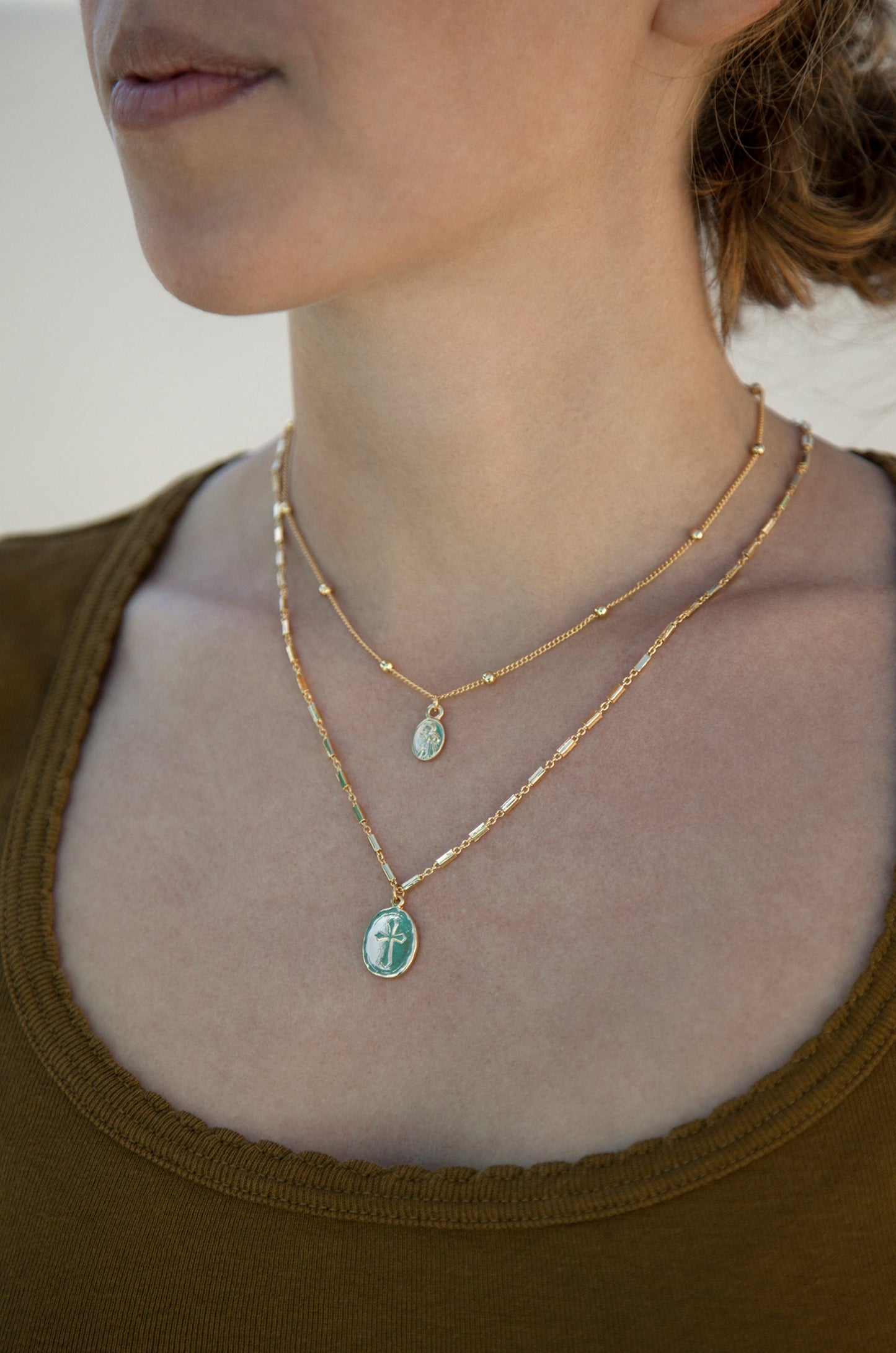 Simple Statement 18k Gold Plated Coin Layered Necklace shown on a model