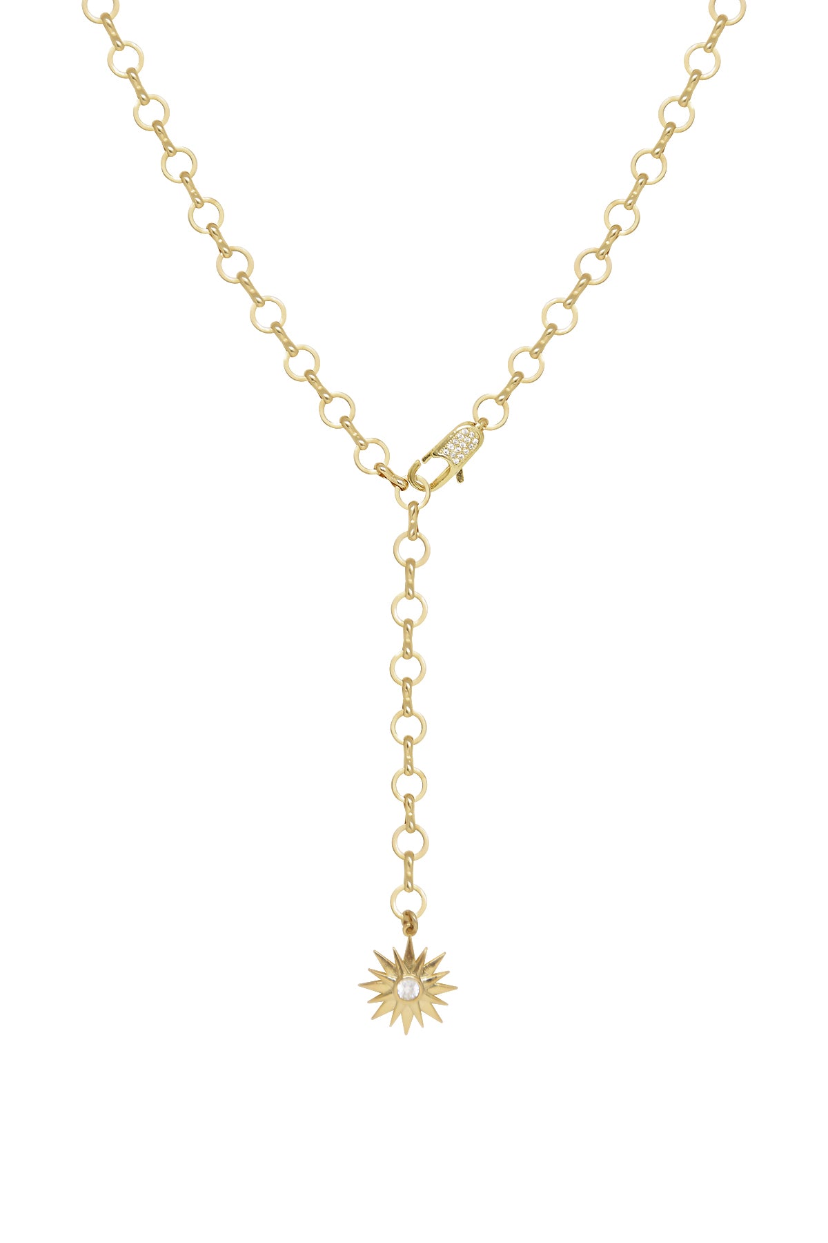 Total Eclipse 18k Gold Plated Lariat Necklace on white background