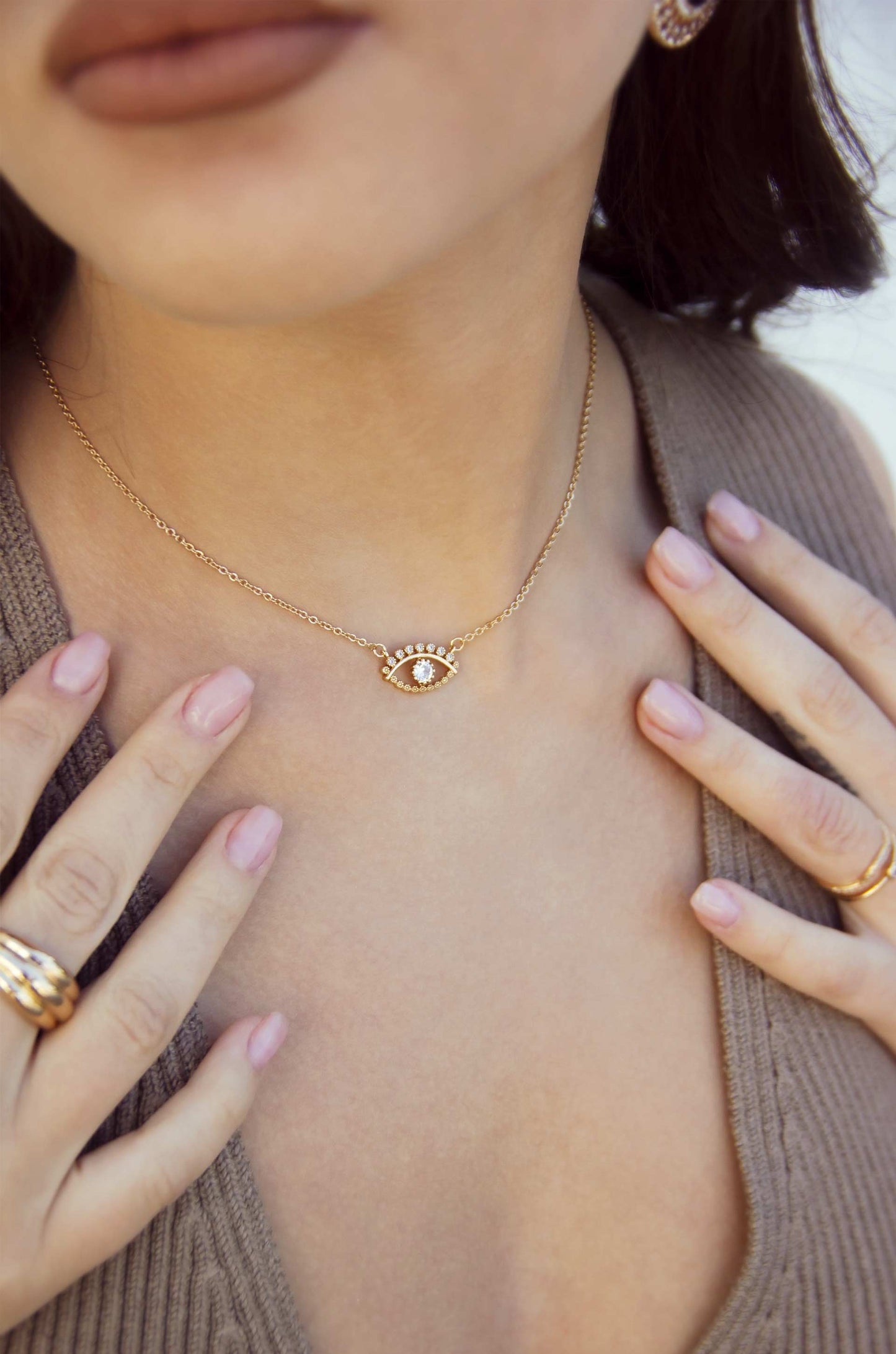 All Knowing Eye Crystal Necklace on model 4