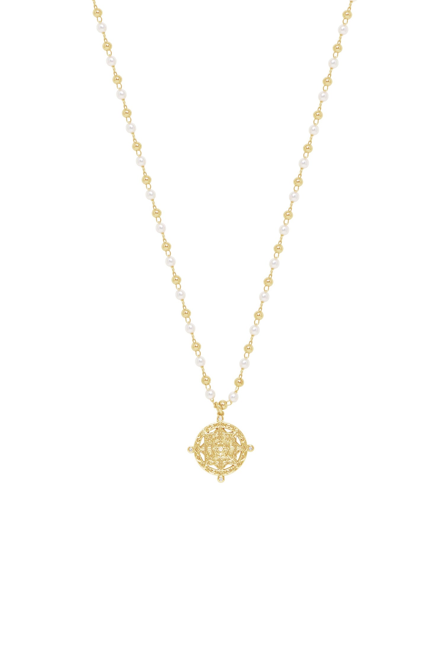 Long Travels Pearl & 18k Gold Plated Ball Chain Necklace on white background