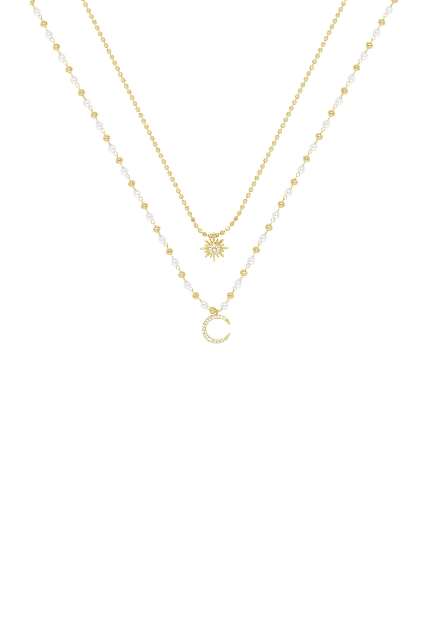 Interstellar Pearl and Crystal Layered 18k Gold Plated Necklace Set on white background
