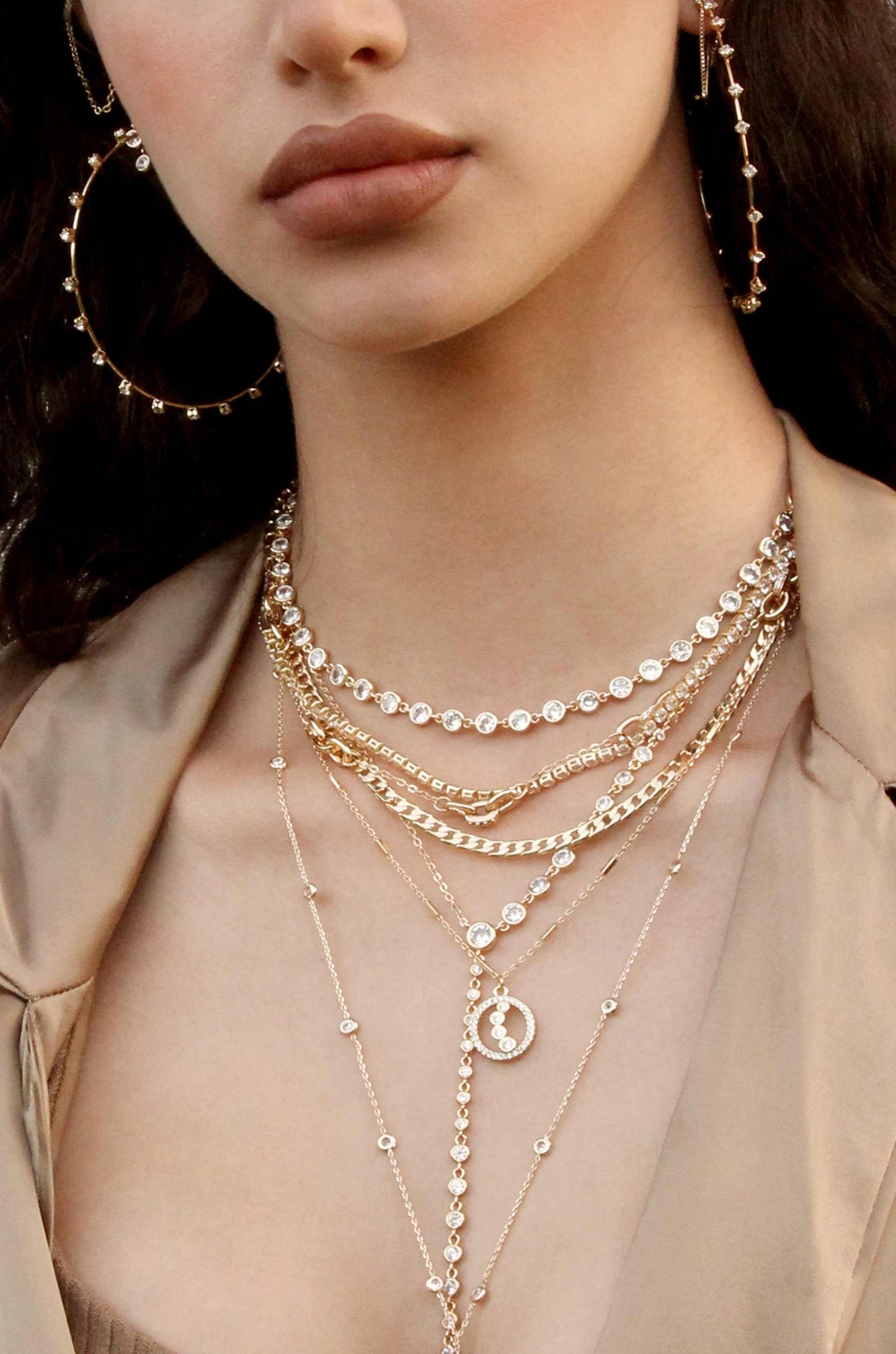 Asymmetrical Crystals Lariat 18k Gold Plated Necklace Set shown on a model
