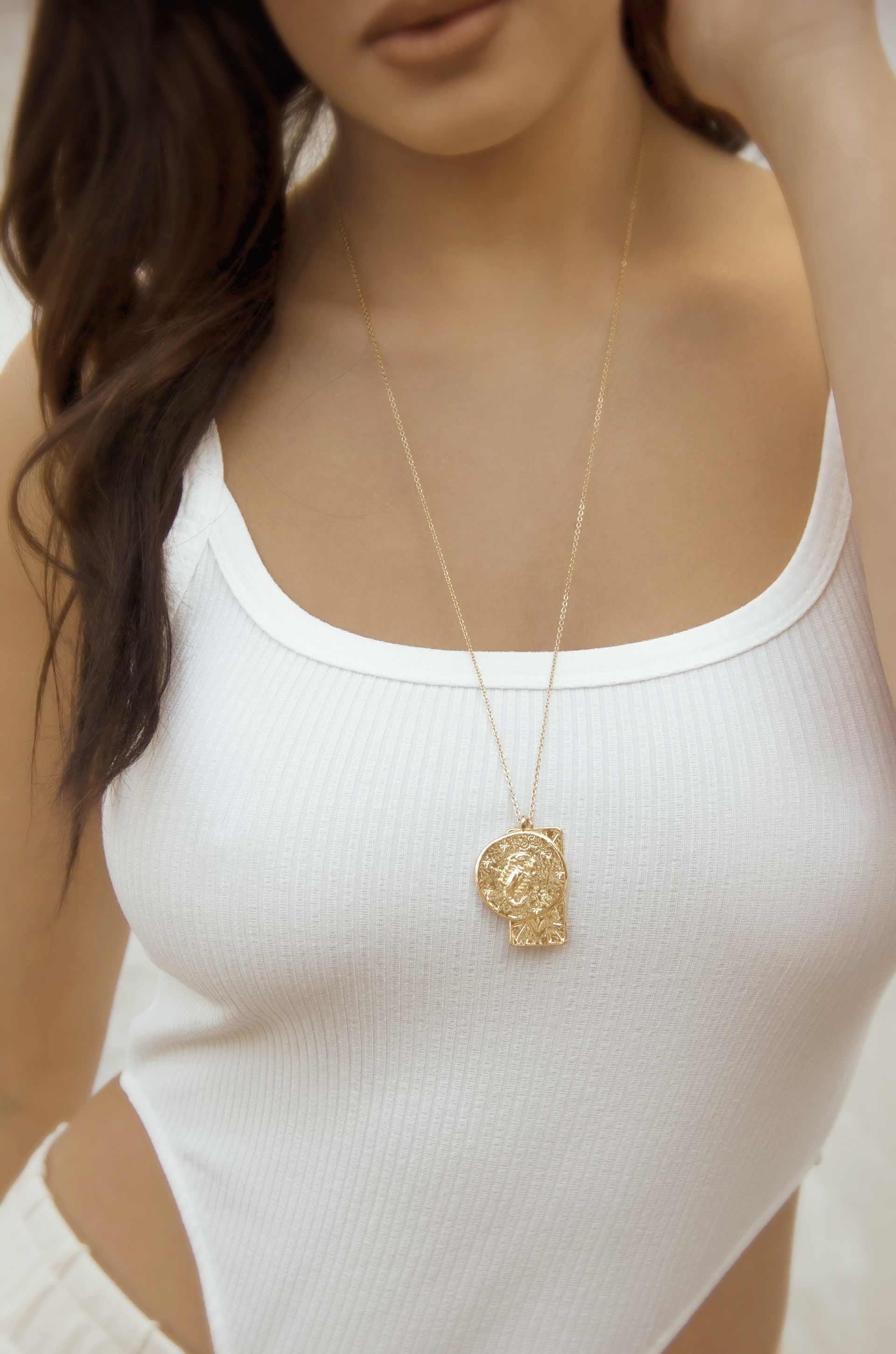 Zodiac Double Medallion Necklace on a model