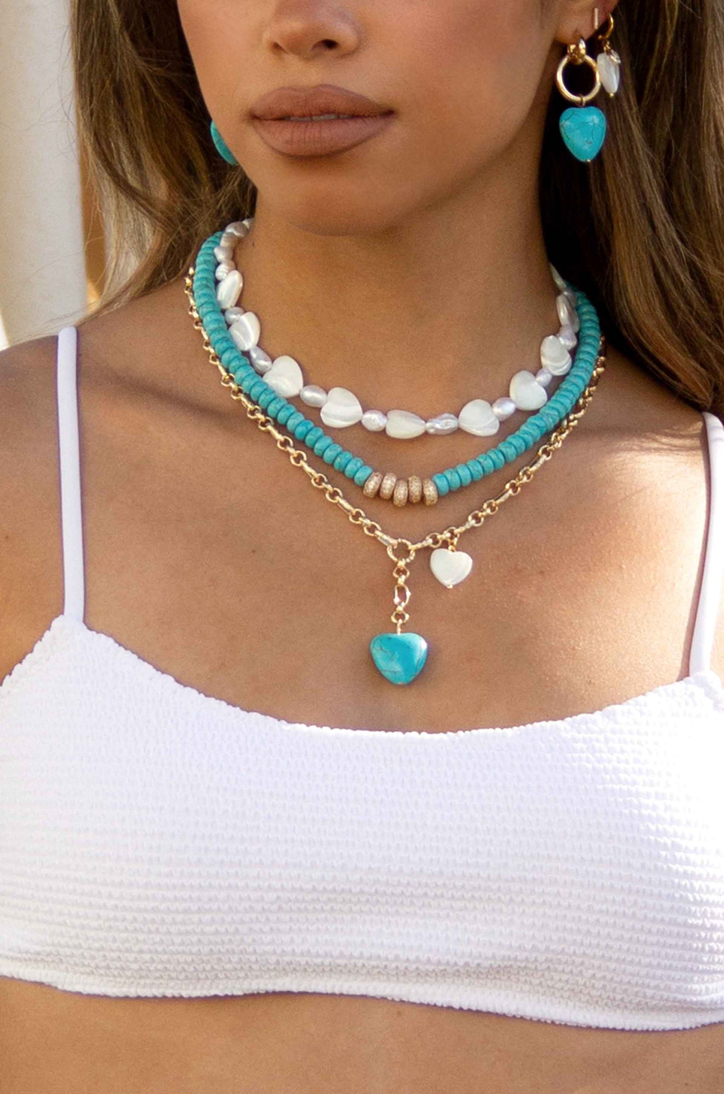 Turquoise and Pearl Heart Linked Chain Lariat on model