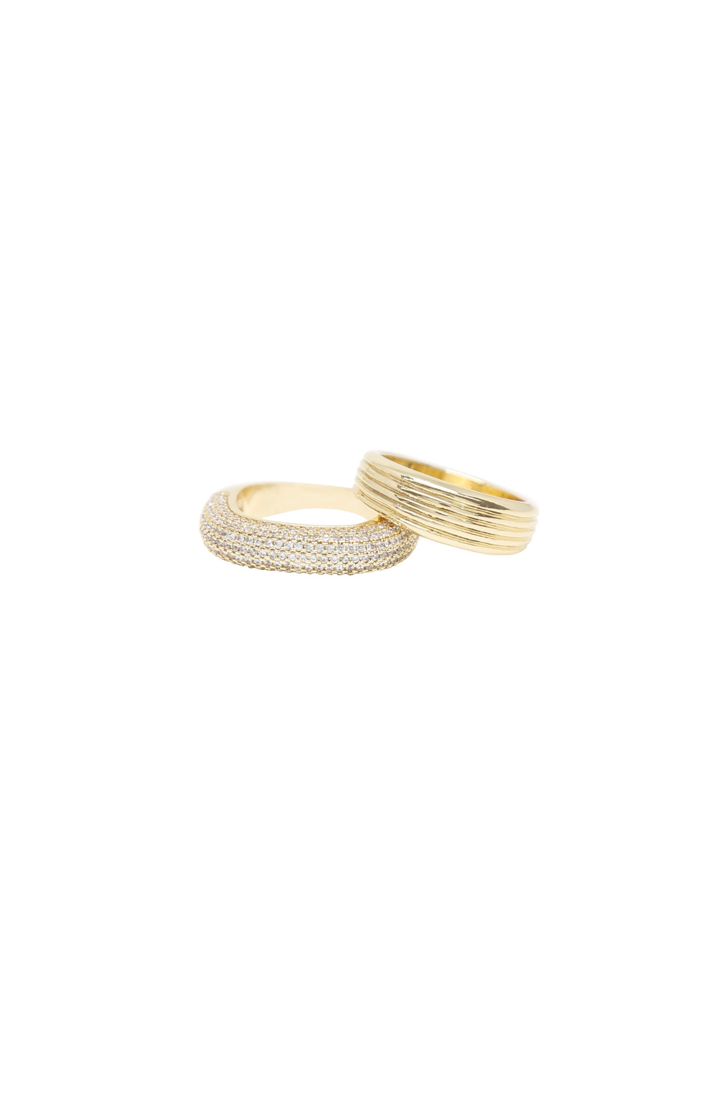 Thick Pave & Textured 18k Gold Plated Ring Band Set on white background