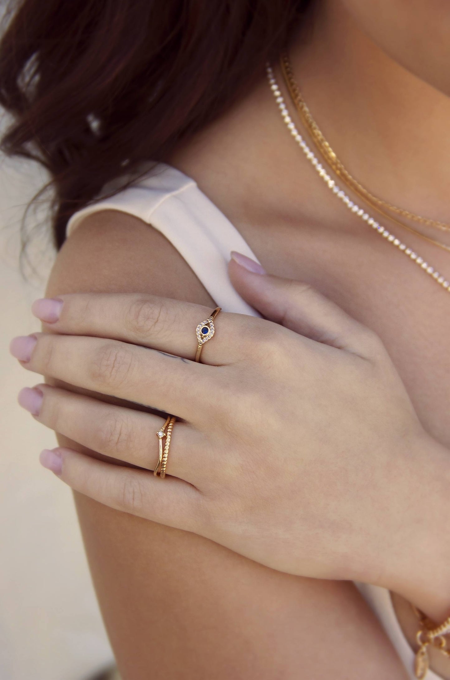 Dainty Crystal Trio 18k Gold Plated Ring Set on model