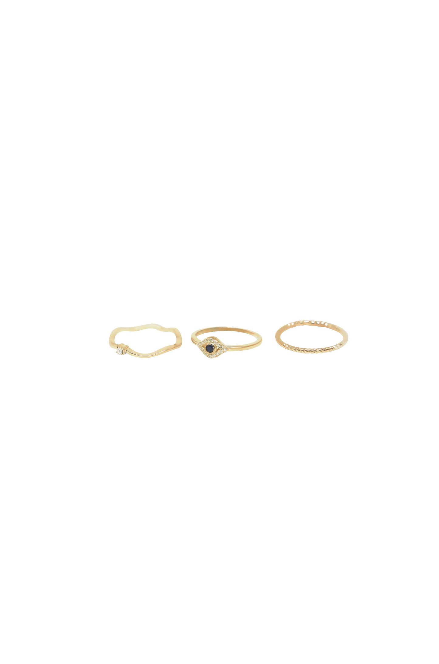 Dainty Crystal Trio 18k Gold Plated Ring Set on white background