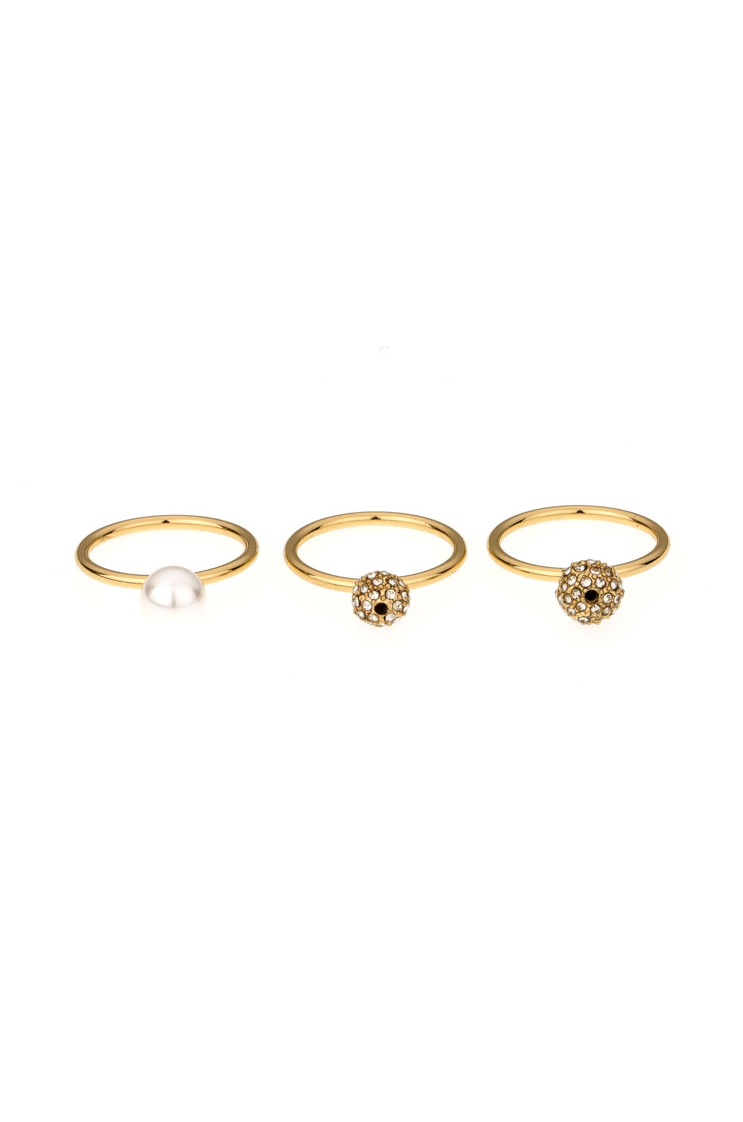 Pearl and Crystal Flower Ball 18k Gold Plated Ring Set on white