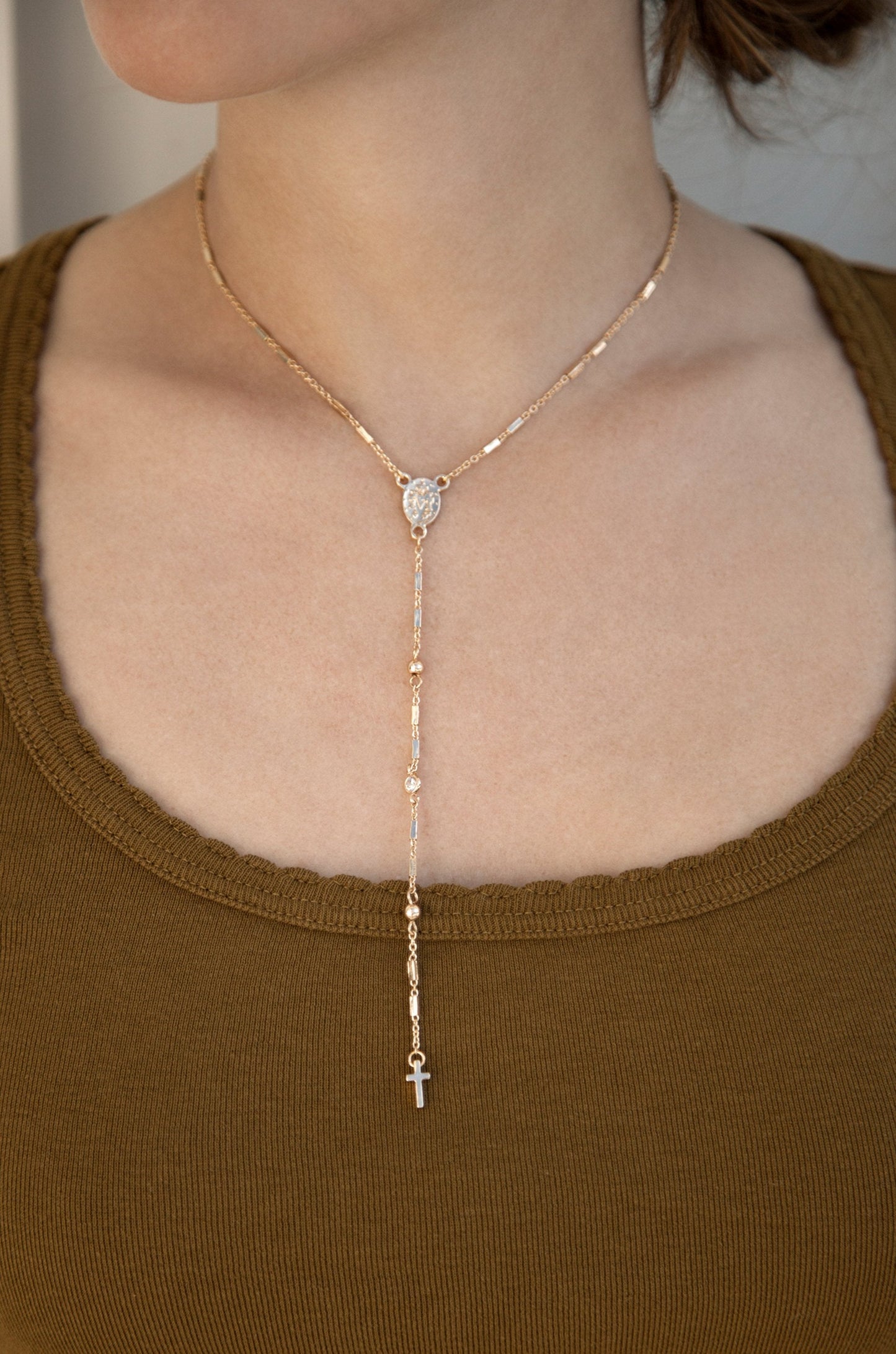 Cross Y 18k Gold Plated Necklace on model