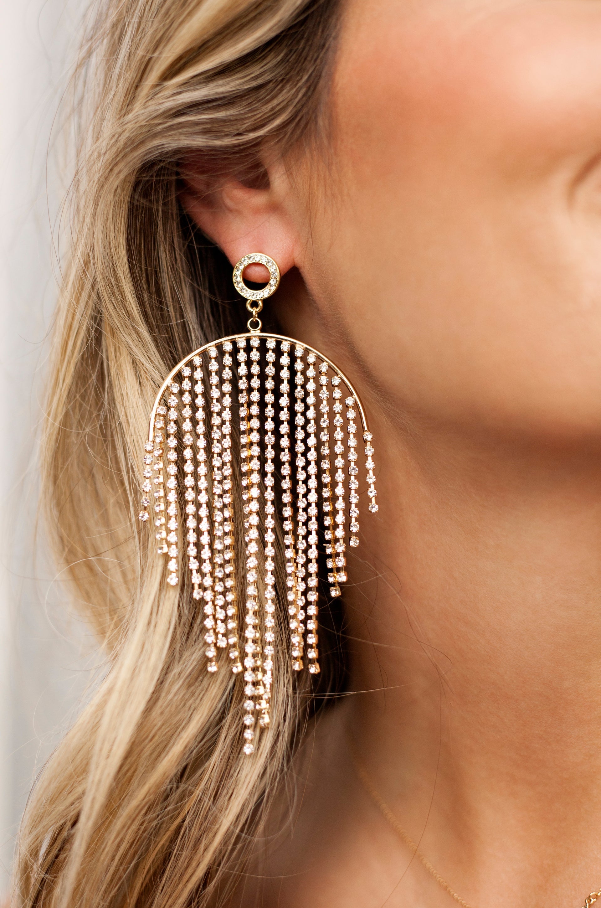 Crystal Elegance Fringe 18k Gold Plated Earrings ON MODEL