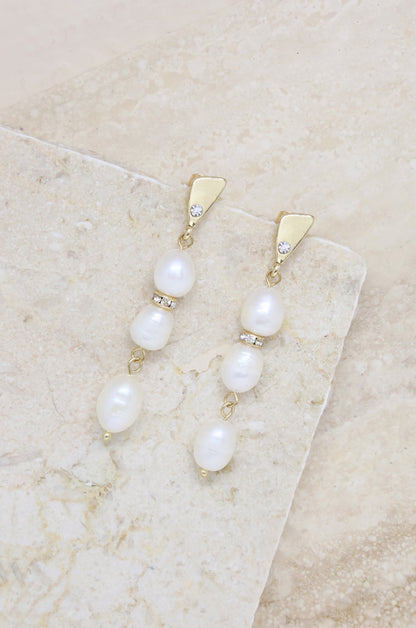 Drop Crystal & Pearl 18k Gold Plated Earrings on slate